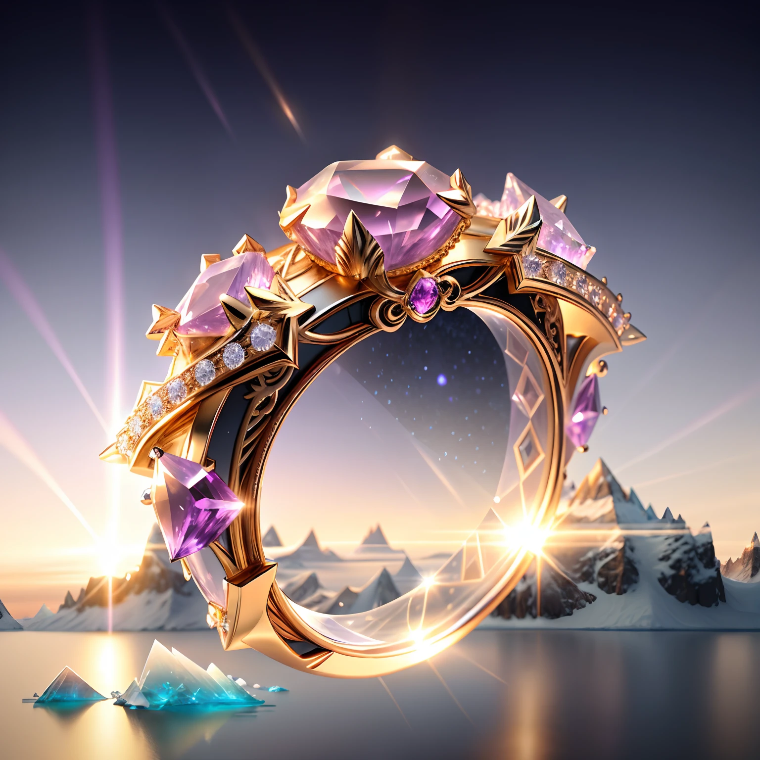 Product image of the ring,Gold ring set with purple gemstones,tmasterpiece,(Very detailed CG unity 8K wallpaper),(best qualtiy),(Most Best Illustration),(Best shadow),The background is a snow-capped Antarctic landscape,Transparent ethereal iceberg,A crystal clear iceberg,Frozen lake,(Particle effect),Arte conceitual de inverno, detailed fantasy digital art, 4k highly detailed digital art, Fantasy art Behance, surreal frozen landscape, ❄️ Dream concept art, highly detailed fantasy art, Detailed digital 2D fantasy art isometric 3D,rendering by octane, Ray traching,ultra-detailliert
