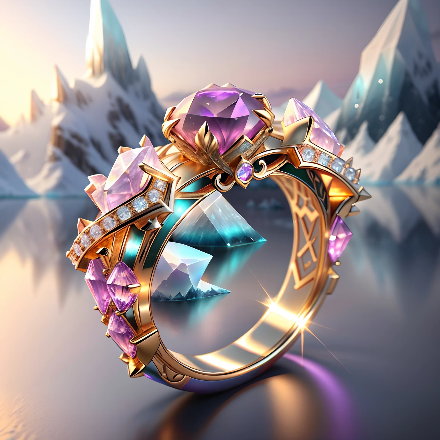 Product image of the ring，Gold ring set with purple gemstones，tmasterpiece，（Very detailed CG unity 8K wallpaper），（best qualtiy），（Most Best Illustration），（Best shadow），The background is a snow-capped Antarctic landscape，Transparent ethereal iceberg，A crystal clear iceberg，Frozen lake，（Particle effect），Arte conceitual de inverno, detailed fantasy digital art, 4k highly detailed digital art, Fantasy art Behance, surreal frozen landscape, ❄️ Dream concept art,  highly detailed fantasy art, Detailed digital 2D fantasy art isometric 3D，rendering by octane， Ray traching，ultra-detailliert