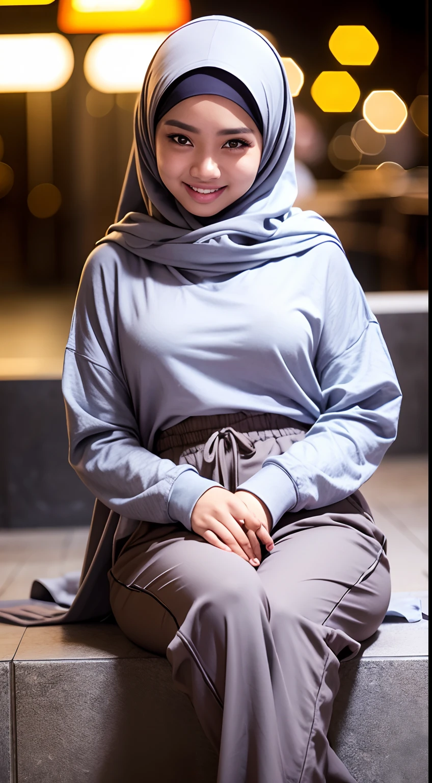 Malay girl in hijab wear big oversized loose hoodie and high waist pants, seating, wear back pack, front view, detail skin, detail skin texture, mole below eyes, small breast, big hip, big waist, big thigh, slim abs, beautiful body, evening, laughing, happy, bright lighting, blur background, bokeh,