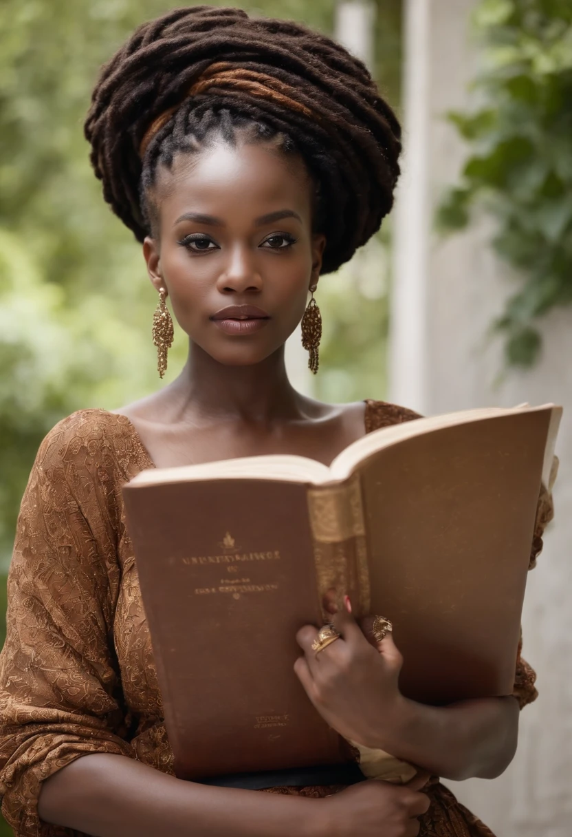 Une petite femme africaine avec des riches, dark skinned, Decked out in an avant-garde outfit, Poses seductively with a book in front of her. The image is rendered with meticulous attention to detail, bringing to life every aspect of her seductive presence.Flow of chapters, Des paysages sauvages. Something extraordinary awaits you around the corner. coiffure dreads locks