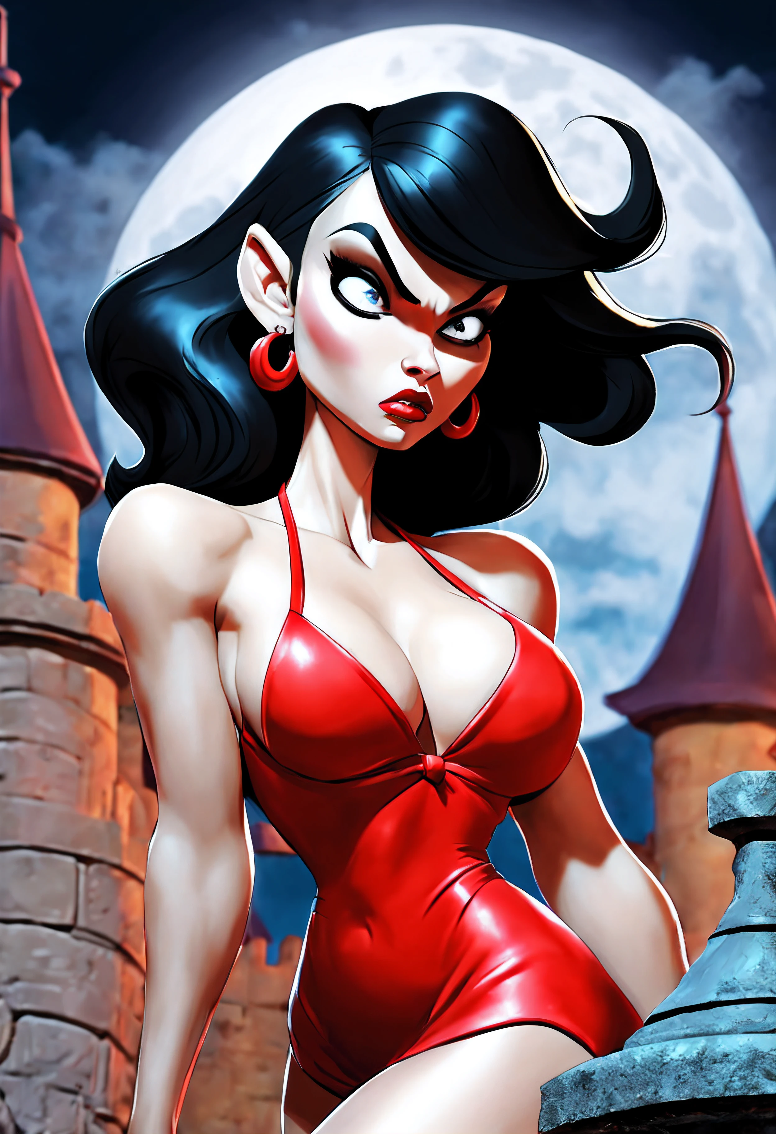 comic Vampirella outside castle at night, (), moon, clouds. graphic illustration, comic art, graphic novel art, vibrant, highly detailed, high saturation