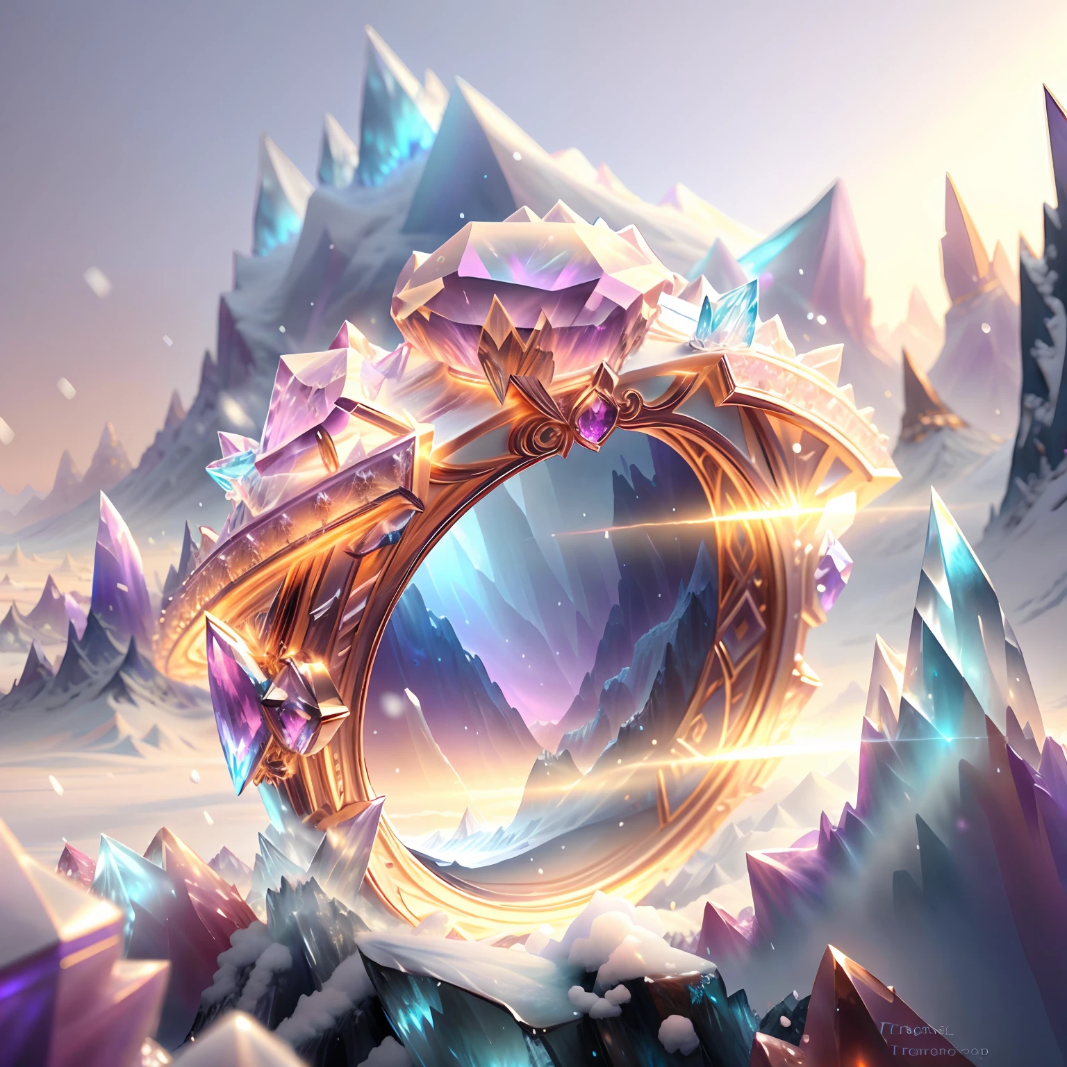 Product image of the ring,Gold ring set with purple gemstones,tmasterpiece,(Very detailed CG unity 8K wallpaper),(best qualtiy),(Most Best Illustration),(Best shadow),The background is a snow-capped Antarctic landscape,Transparent ethereal ice sculpture,(Particle effect),Arte conceitual de inverno, inspired by Andreas Rocha, andreas rocha style, detailed fantasy digital art, 4k highly detailed digital art, Fantasy art Behance, surreal frozen landscape, ❄️ Dream concept art, highly detailed fantasy art, Detailed digital 2D fantasy art isometric 3D,rendering by octane, Ray traching,ultra-detailliert