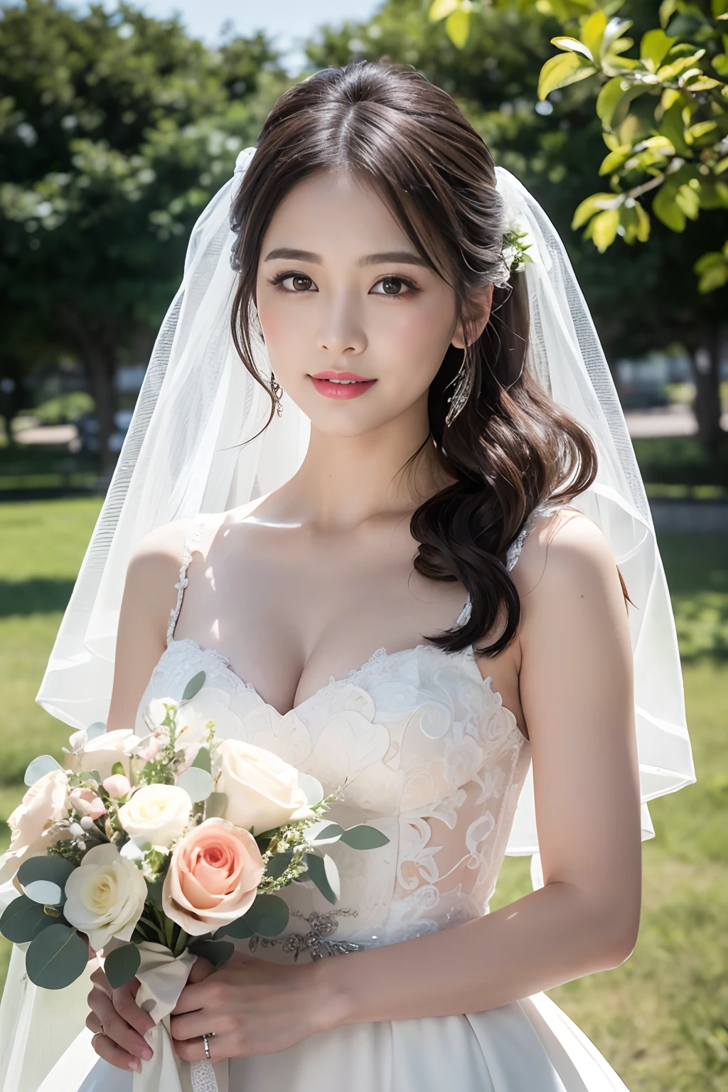 (8K,Raw photo、Raw photo、top-quality、Master masterpiece:1.2)、ultra-detailliert、Super Resolution、(Photorealsitic:1.3)、Angle to shoot from the front、Clearly draw shades of light、high resolution RAW color photos、professional photograpy、Same skin type as humans、Female proofreading of Japan from head to waist、Blur the background、Draws faithfully to anatomy、Very detailed and beautiful、Ultra-high image quality、long、Hair swaying and sexy、Very detailed beautiful girl、smil、full body Esbian、Loosely curly hair、Wedding、doress、chies、wedding dress、tiarra、From head to foot、bouquet