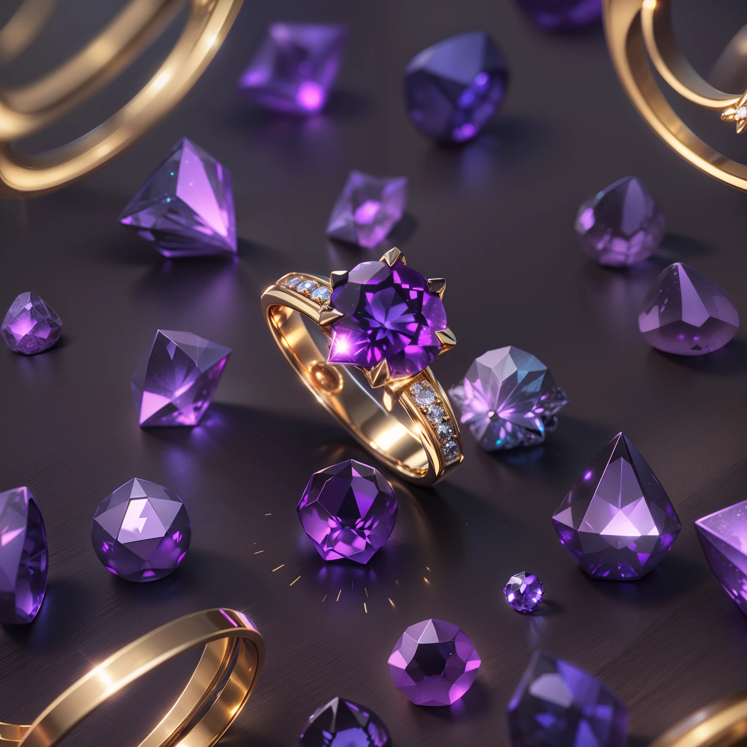 hyper HD, Super detail, Best quality, High details, 1080p, 16k, A high resolution，Purple diamond ring，A ring with a sparkling surface, Magical wish ring,  magic crystal ring, magic ring with a diamond, purple sparkles, gold and purple, ring lit,, Sparkling gold ring, glowing purple, The background is a mysterious starry sky, cosmic purple space!, Ring photography, Gemstones and yellow gold rings，(The best illustrations)，(The best shadow)，Isometric 3D.Octane rendering，Hyperrealistic