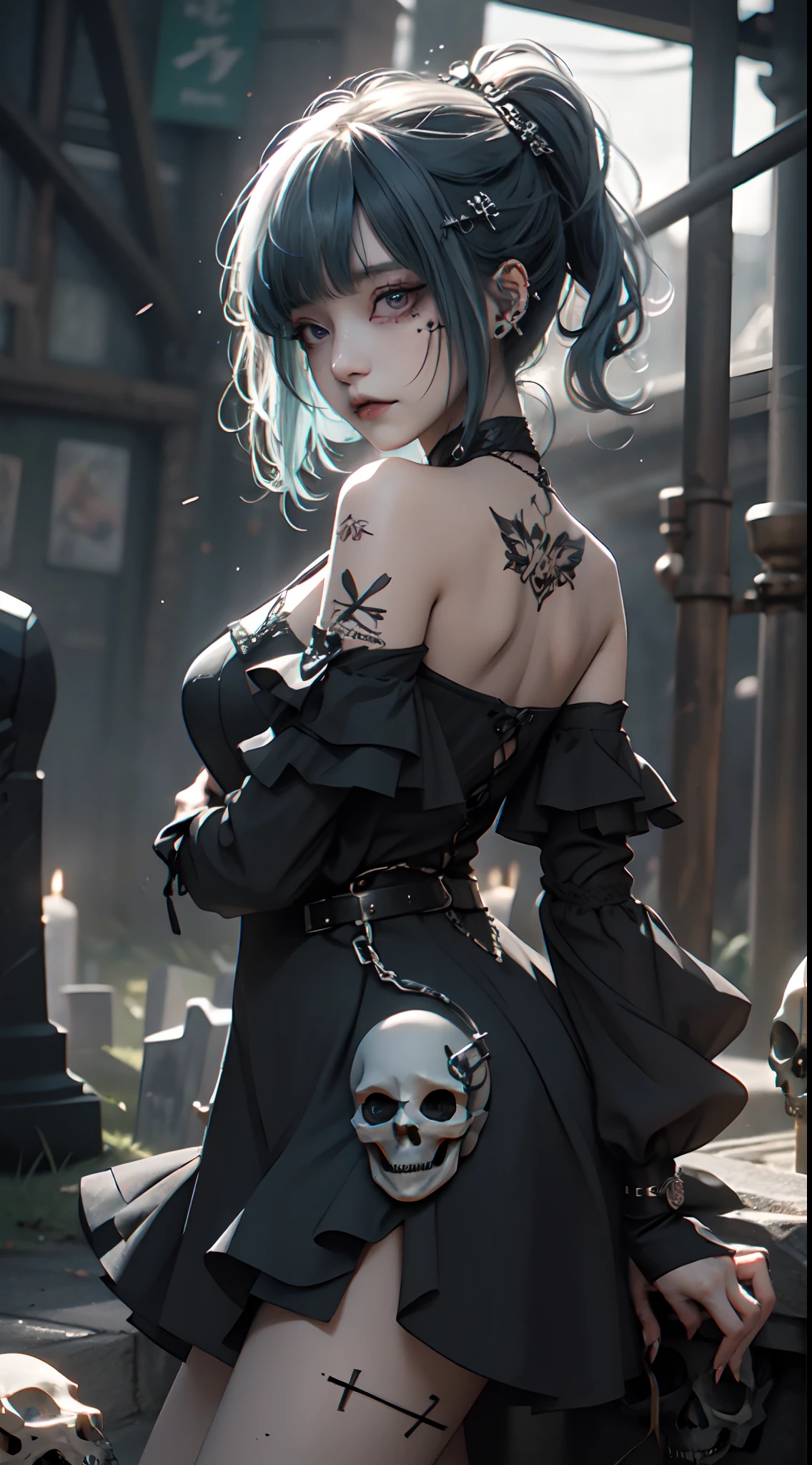 Adornos para el cabello、piercings、tatuaje、godo_punk, 1chica en, solo,、highest qualityr, fotorrealista, Unas ilustraciones ultrafinas, Hermosa chica de anime atractiva,(mini vestido:1.4),  Miku hatsune, cuerpo delgado, cabello atado,(cabello rosado:1.4),a  girl, A picture of a girl, Toma de cuerpo completo, Hermosos ojos azules:1.4, Convertido,arete、Adornos para el cabello、jewely、Miku hatsune、(fondo Skull Night Cemetery:1.4), motor irreal:1.4,UHD,La mejor calidad:1.4, fotorrealista:1.4, textura de la piel:1.4, obra maestra:1.8,(detailed:1.4),