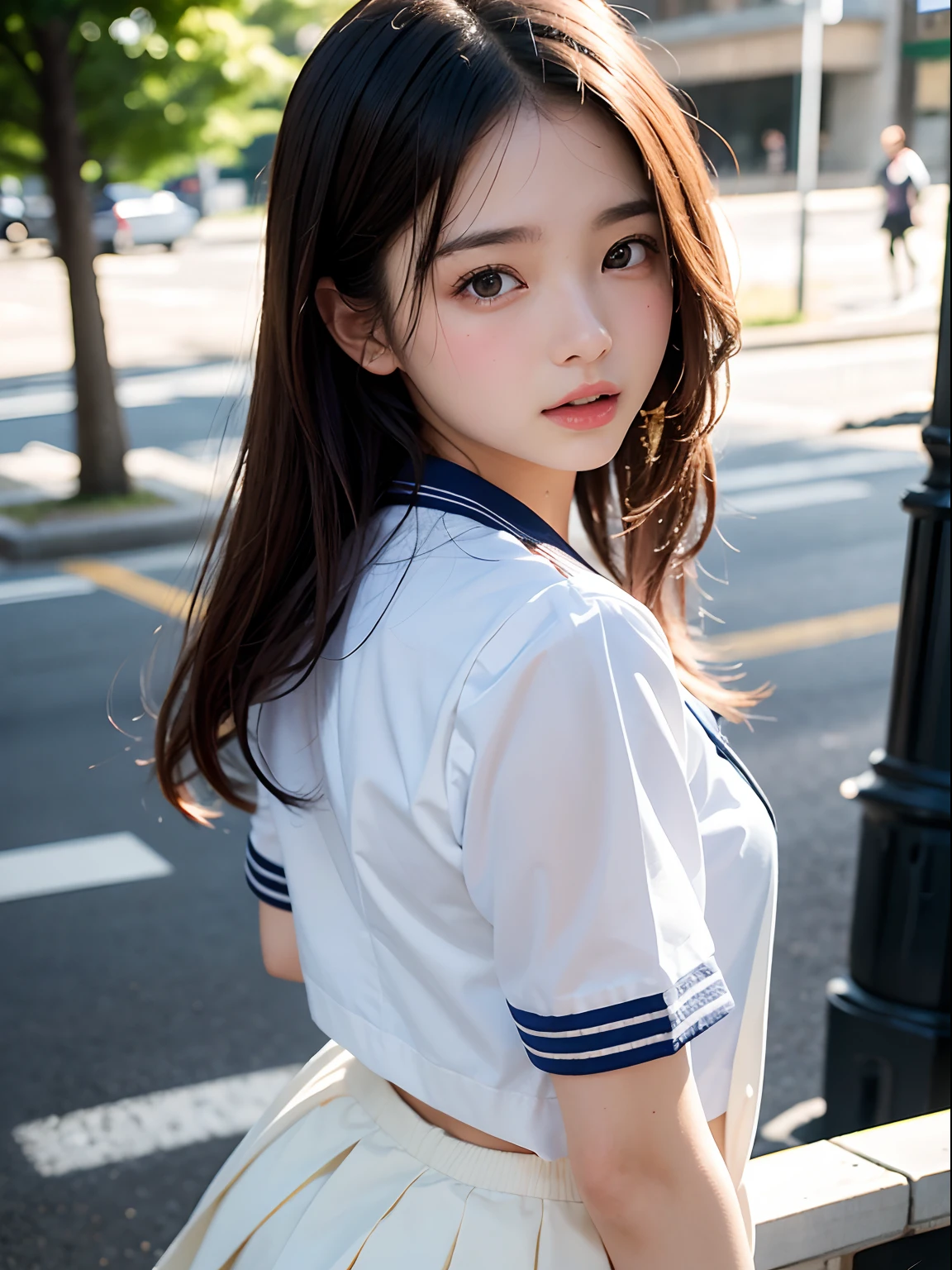 (masutepiece, Best Quality:1.2), 8K, Official art, Raw photo, Full Bord Bill Four、cute butt、Back angle、On the way to take off the uniform、turned around、skinny、14years、small tits、unbelievable Ridiculous, (Upper body, 校服、a sailor suit:1.4), Beautiful Girl, Pretty Face, arching back down,、Gold hair ornament on hair、close up, Sailor Suit, Short sleeve, violaceaess, Teen, Street, Looking at Viewer, Film grain, chromatic abberation, Sharp Focus, face lights, Dynamic lighting, Cinematic lighting, Eyes and faces with detailed, Bokeh background,