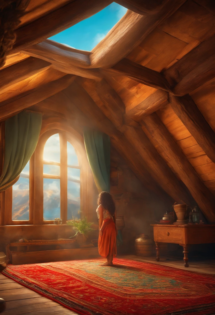 Isabela discovers a magic carpet hidden in her attic.
She climbs onto the carpet and sets off on an exciting adventure.