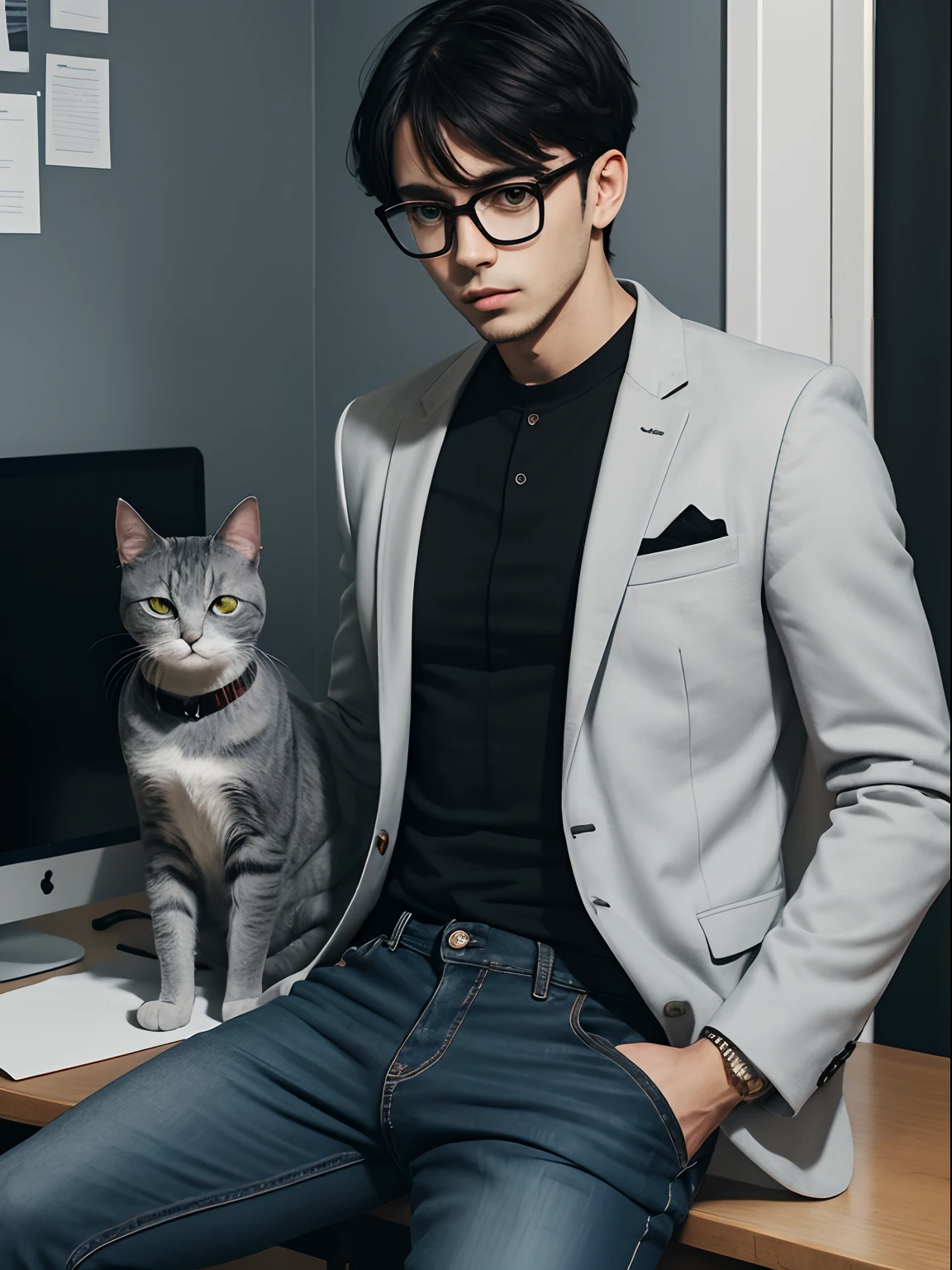 Man writer of horror stories, Short hair with bangs and black square glasses with gray blazer, camisa social preta, Black jeans and black all star sneakers on white home office background with gray cat, 8k, HD.