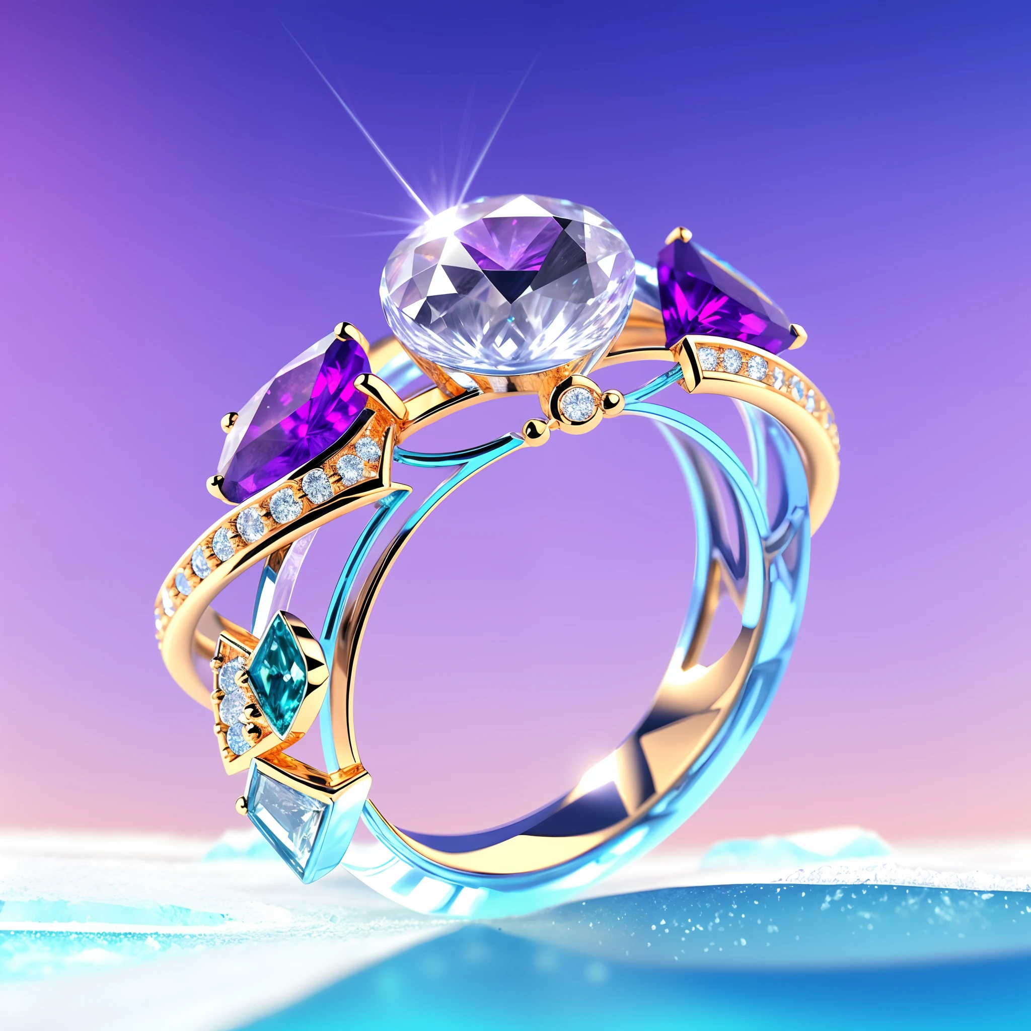 Product image of the ring，Gold ring set with purple gemstones，tmasterpiece，（Very detailed CG unity 8K wallpaper），（best qualtiy），（Most Best Illustration），（Best shadow），The background is a snow-capped Antarctic landscape，Transparent ethereal ice sculpture，（Particle effect），Arte conceitual de inverno, inspired by Andreas Rocha, andreas rocha style, detailed fantasy digital art, 4k highly detailed digital art, Fantasy art Behance, surreal frozen landscape, ❄️ Dream concept art, bussiere rutkowski andreas rocha, highly detailed fantasy art, Detailed digital 2D fantasy art isometric 3D，rendering by octane， Ray traching，ultra-detailliert