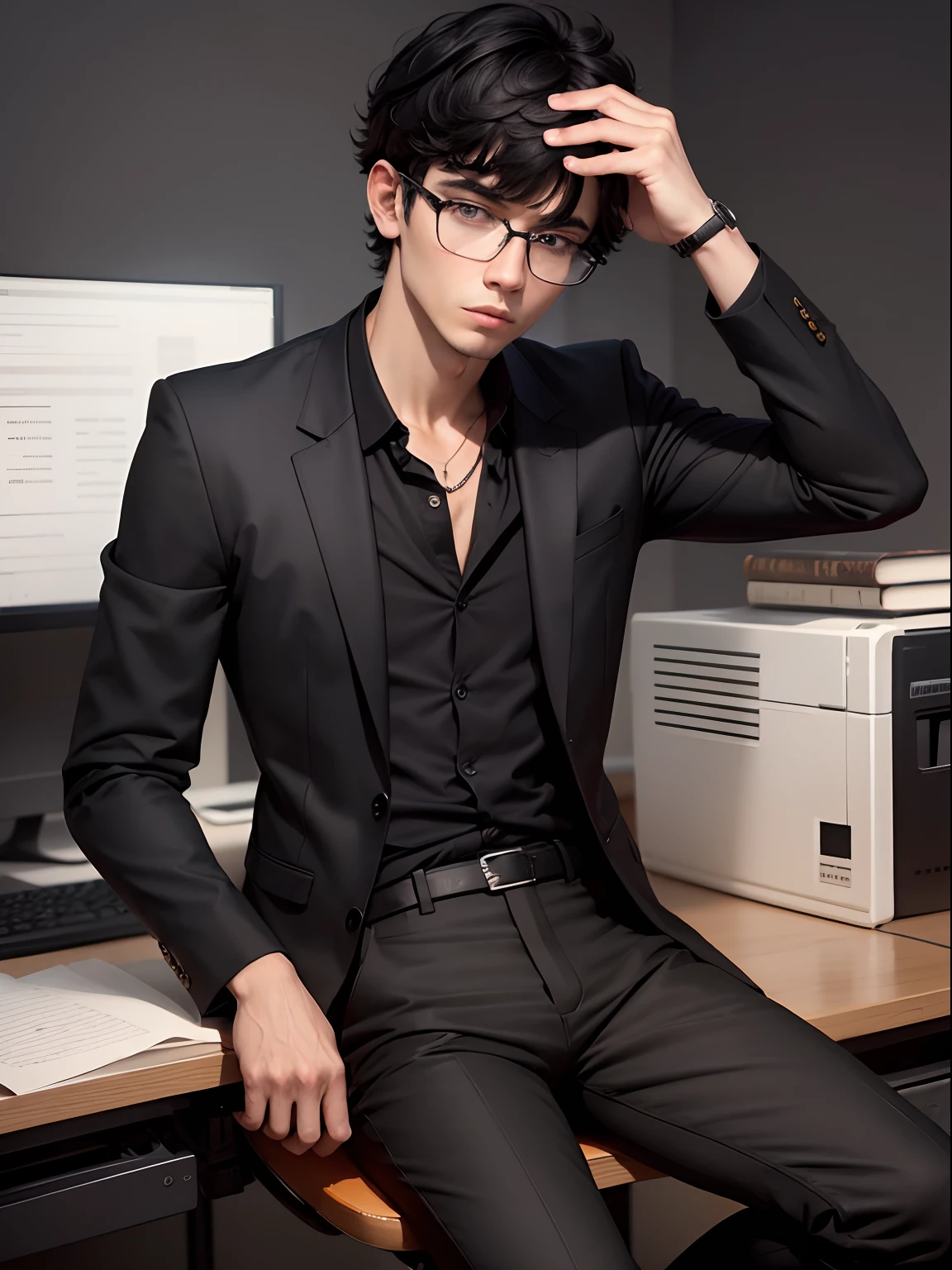 Man writer of horror stories, short hair with bangs and square black glasses with caramel blazer, camisa social preta, Black pants and traditional all star sneakers on black home office background, 4k, HD.