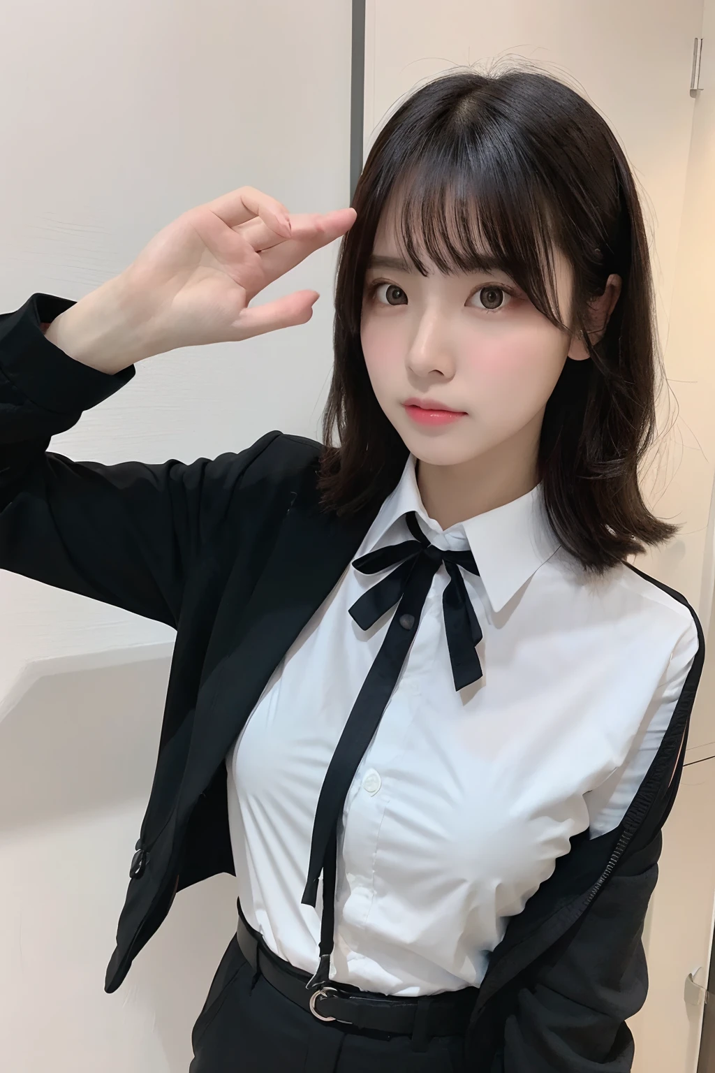 (masutepiece:1.2),High quality,vivd colour,flat-colors,Deep Depth Of Field,Lens Flare,,Black hair,eyecontact,Suit,Collared shirt,Belt bag,suspenders,Professional,OL ,Black Suit,Black jacket,Gaze,ample bosom,Armpit sweat,Exposing the armpits"Pichi Pichi clothes　Cutter shirt　large full breasts 　ceiling　Along the wall　Black jacket