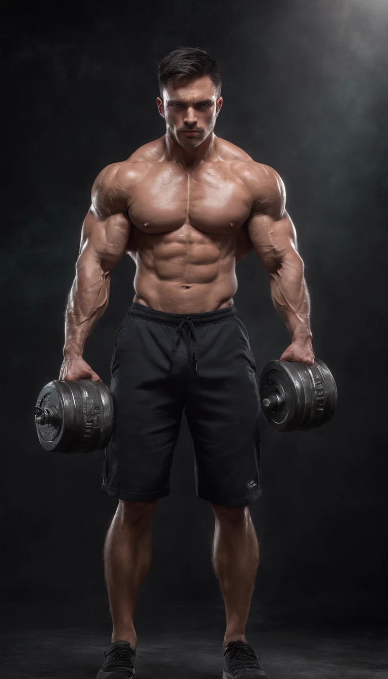 (best quality,4k,8k,highres,masterpiece:1.2), ultra-detailed, (realistic,photorealistic,photo-realistic:1.37), strong muscular bodybuilders, short black hair and beard, intense facial expressions, sweat dripping down the skin, veins popping out, immense muscle definition, perfectly sculpted physique, dramatic lighting emphasizing the muscular features, chaotic scene with scattered weights and gym equipment, an epic atmosphere filled with energy and passion, intense focus and determination in their eyes, dynamic poses showcasing strength and power, the powerful sound of weights clashing and heavy breathing in the background, a sense of motion and action in the composition, vibrant colors enhancing the visual impact, the energy and intensity of the scene captured in every brushstroke, an awe-inspiring portrayal of the human body pushed to its limits, a celebration of strength, dedication, and the pursuit of excellence.