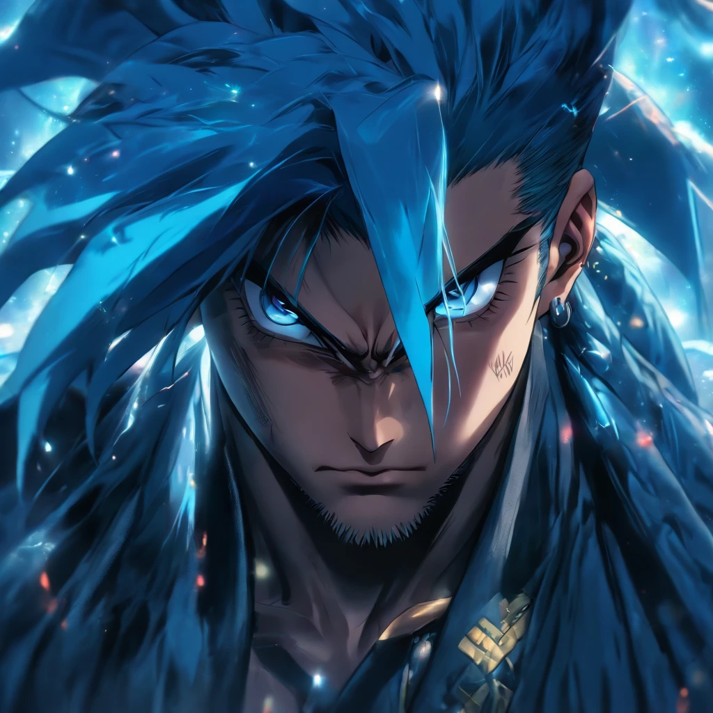 (best quality,ultra-detailed,realistic:1.37),a man with blue hair in a ponytail,beautiful detailed eyes,beautiful detailed lips,lean muscular build,confident expression,open black coat,visible six pack abs,stylish outfit,edgy fashion sense,dark background,studio lighting,vivid colors,sharp focus