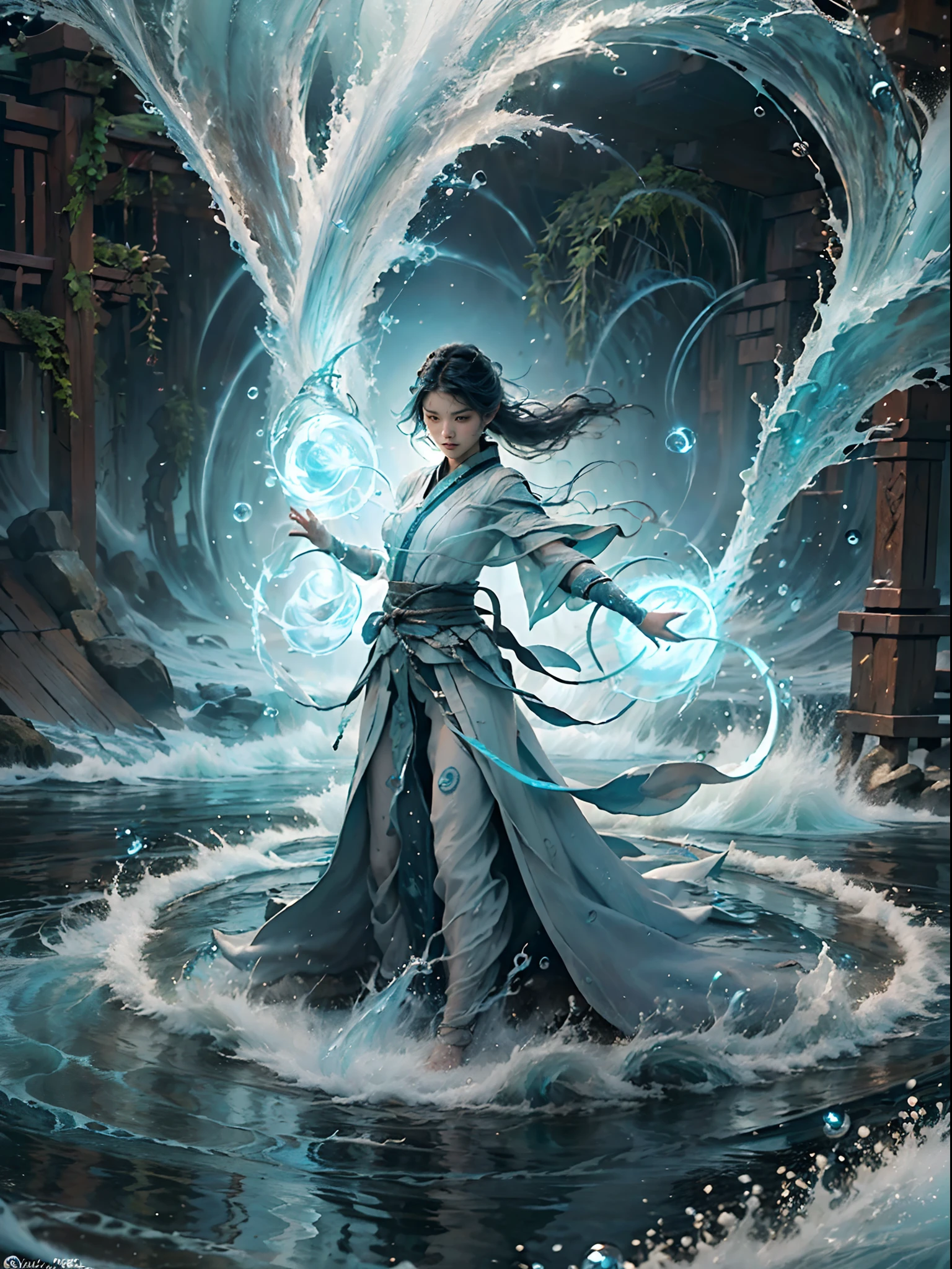 ((best quality)), ((masterpiece)), (detailed), (realistic), (official art), (extremely detailed CG unity 8k wallpaper), (water magic:1.2), (manipulating water:1.1), (elemental control:1.2), (graceful movements:1.1), (aquatic beauty:1.2), (mystical powers:1.2), (serene expression:1.1), (flowing tides:1.2), (sparkling droplets:1.2), (enchanted aura:1.1), (magical incantation:1.2), (rippling waves:1.2), (splendid water formations:1.1), (emerging from a water vortex:1.2), (resonating with nature:1.2), (commanding the elements:1.2), (translucent veil:1.1), (wisdom and power:1.2), (whirlpool of enchantment:1.2), (glowing water glyphs:1.1), (harmony with the sea:1.2), (mysterious origins:1.2), (harmonious balance:1.1), (serene strength:1.2), (spellbinding spectacle:1.2), (immersing in liquid magic:1.1), (embracing her destiny:1.2)