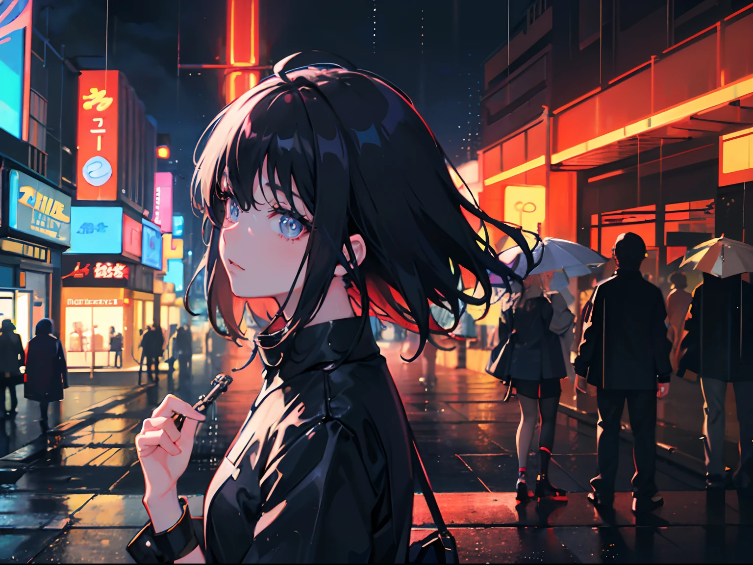 cyberpunk anime girl, cyberpunk aesthetic, neon lights, neon city, cyberpunk city, anime girl in cyberpunk city, an anime girl, cute anime girl, anime girl closeup, neon city in rain, cyberpunk city in rain, rain, rain aesthetic, anime girl close, anime girl face, an anime,