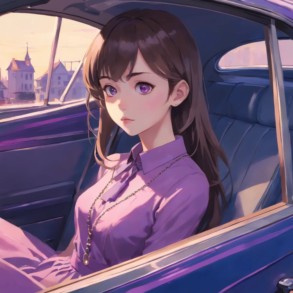 A handsome young man with a slender frame, fair complexion, and short, tousled brown hair stands tall in a pink shirt, adorned with a gold chain around his neck. Beside him, a tall young woman with a tender face, long wavy black hair, and piercing black eyes, framed by long, fluttering eyelashes, exudes an air of elegance in her purple dress, sitting talking in a gray car. doll. In the style of Adrian Ghenie, Esao Andrews, Jenny Saville, Edward Hopper, surrealism, Dark Art par James Jean, Takato Yamamoto, Minimalisme inkpunk. Dans le style Tim Burton. Dans le style Addams Family. Dans le style Corpse Bride.