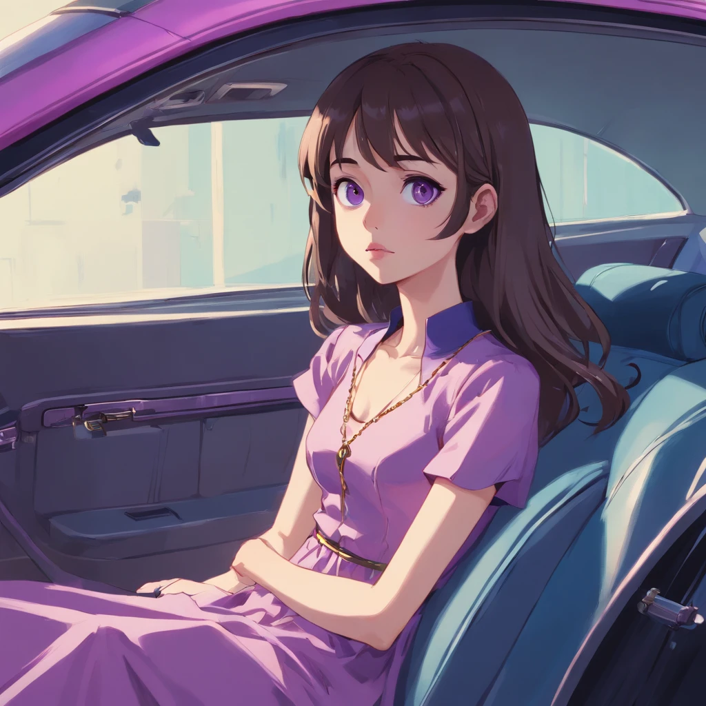 A handsome young man with a slender frame, fair complexion, and short, tousled brown hair stands tall in a pink shirt, adorned with a gold chain around his neck. Beside him, a tall young woman with a tender face, long wavy black hair, and piercing black eyes, framed by long, fluttering eyelashes, exudes an air of elegance in her purple dress, sitting talking in a gray car. doll. In the style of Adrian Ghenie, Esao Andrews, Jenny Saville, Edward Hopper, surrealism, Dark Art par James Jean, Takato Yamamoto, Minimalisme inkpunk. Dans le style Tim Burton. Dans le style Addams Family. Dans le style Corpse Bride.