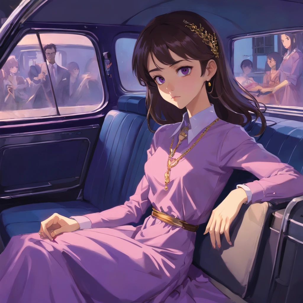 A handsome young man with a slender frame, fair complexion, and short, tousled brown hair stands tall in a pink shirt, adorned with a gold chain around his neck. Beside him, a tall young woman with a tender face, long wavy black hair, and piercing black eyes, framed by long, fluttering eyelashes, exudes an air of elegance in her purple dress, sitting talking in a gray car. doll. In the style of Adrian Ghenie, Esao Andrews, Jenny Saville, Edward Hopper, surrealism, Dark Art par James Jean, Takato Yamamoto, Minimalisme inkpunk. Dans le style Tim Burton. Dans le style Addams Family. Dans le style Corpse Bride.