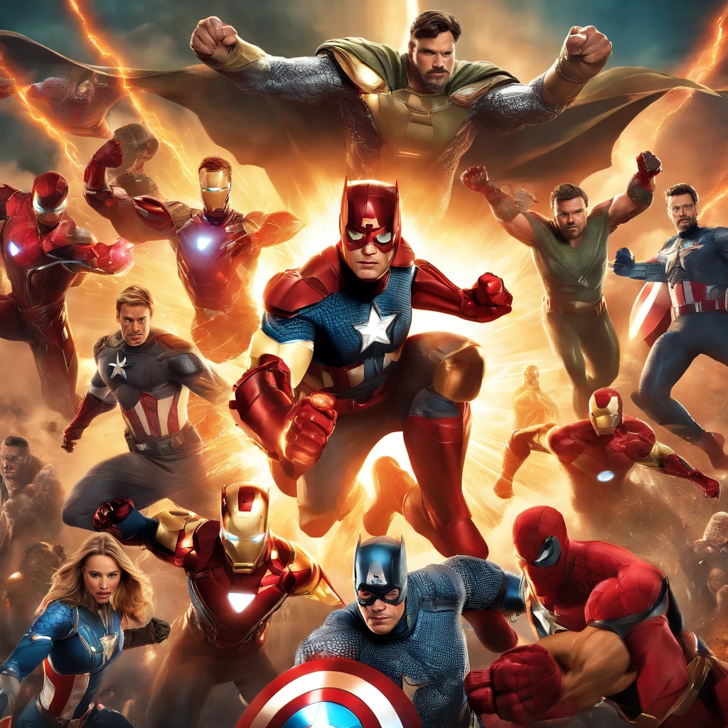 (best quality,4k,8k,highres,masterpiece:1.2),ultra-detailed,realistic,photorealistic:1.37,Marvel Avengers,all characters together,captivating vibrant colors,action-packed scene,dynamic composition,superheroes fighting evil,iconic Marvel superheroes,captivating facial expressions,emblematic costumes,powerful and intense emotions,spectacular visual effects,epic battle sequence,special powers in action,detailed facial features of each character,accurate portrayal of each superhero,fierce determination in their eyes,majestic superhero poses,heroic team unity,strong and defined muscles,expressive body language,explosive energy and motion,destructive powers in full display,immersive Marvel universe,realistic shadows and highlights,professional superhero portraits,stunning cinematic lighting,scenic background showcasing cityscape,dramatic atmosphere,awe-inspiring superhero lineup,stunning attention to detail,attention-grabbing composition,impressive superhero dynamics,Marvel comic book vibes,highly detailed costumes,intricate superhero insignias,perfectly captured superhero moments,heroic personalities shining through,unforgettable masterpiece portraying Marvel's legends.
