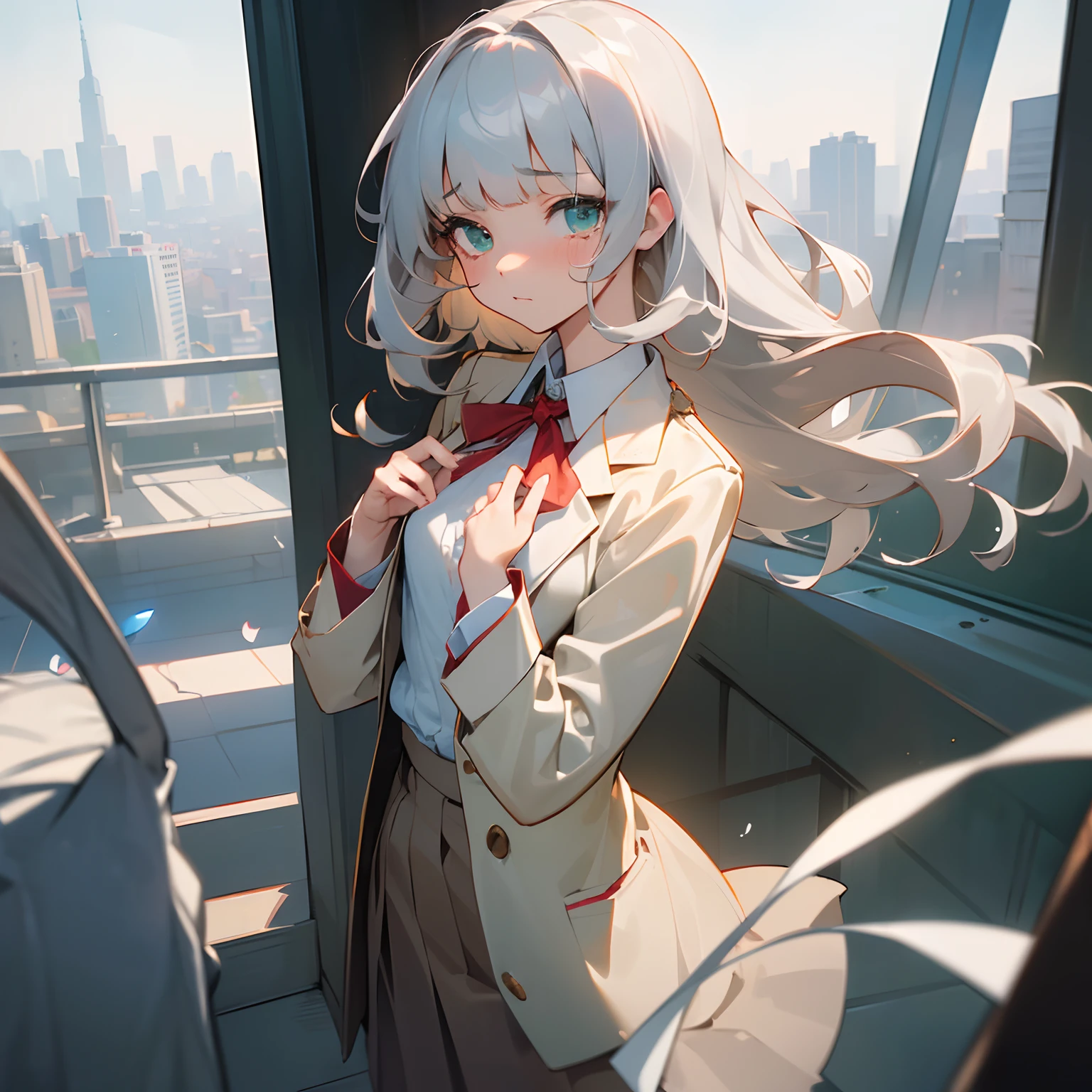 ((Masterpiece)), (Professional Photography:1.2), (High Definition:1.3), best quality, 8K, Textured skin, cinematic lighting, (1girl), short stature, ((cute age young girl)), (very blunt bangs, slightly loose curls hair, breasts length hair, high details of pale silver hair), (very cry face, shed a tear), brilliant green eyes, drooping eyes, slender waist, ((undress slovenly)), (pale Ivory color blazer student's uniform, white blouse, red string ribbon, brown skirt), ((gaze at the blue-flower)), cityscape