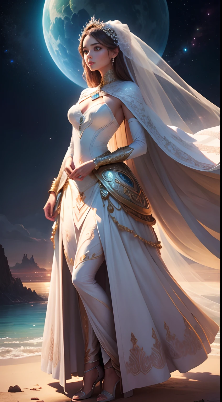 A beautiful girl standing on an enchanting planet, full body, adorned in a breathtaking bride's dress, surrounded by the wonders of an otherworldly landscape beneath a celestial sky