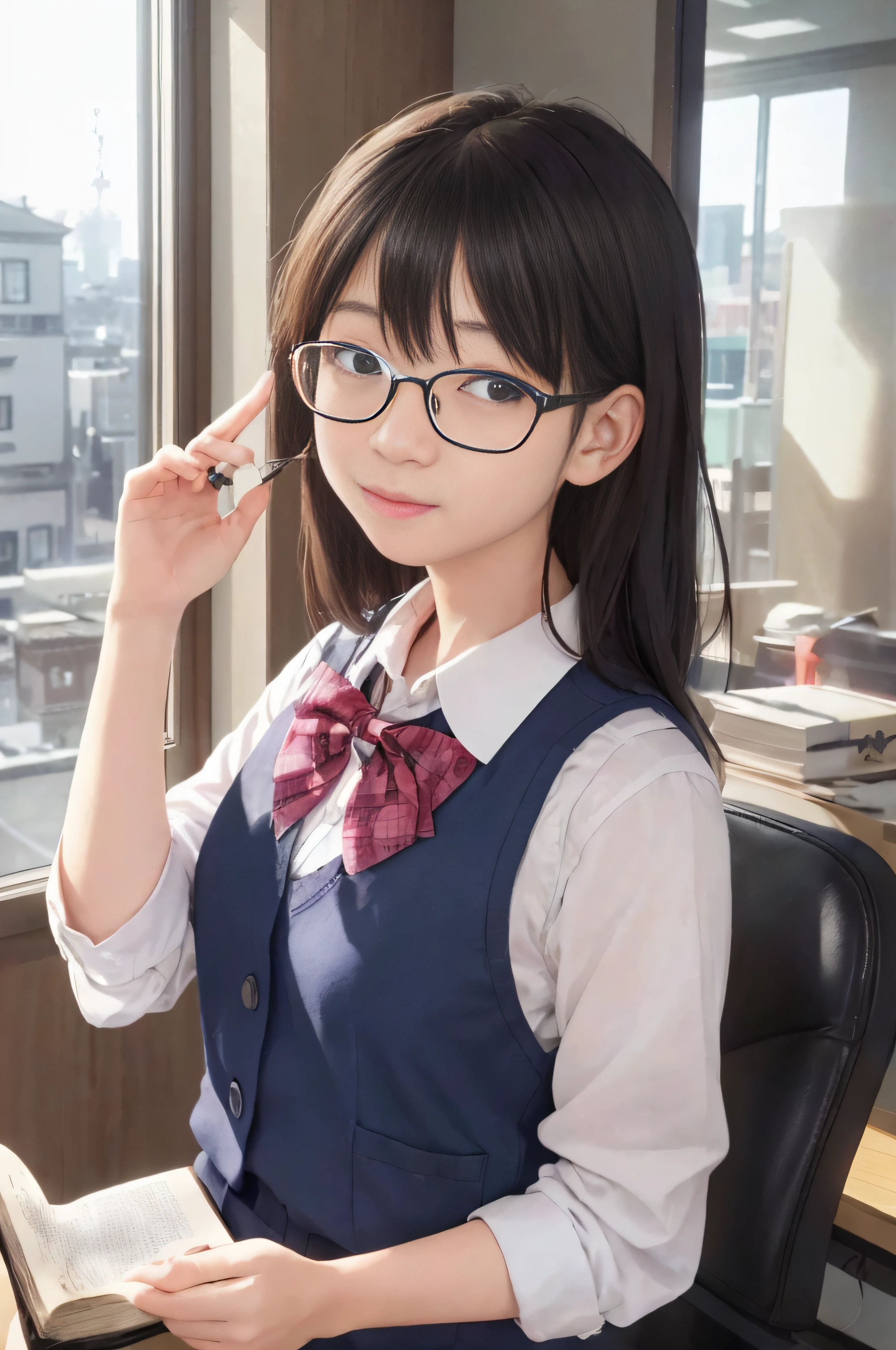 RAW image quality、8K分辨率、Ultra-detailed CG footage、1人、18year old、eye glasses、vests、Medium size、Reading a book、Delicate figure、the bow、a picture、realisticlying、top-quality、adopt、A detailed face、s Office、Building from the window、细致背景、diffuse sunlight、depth of fields、Bokeh