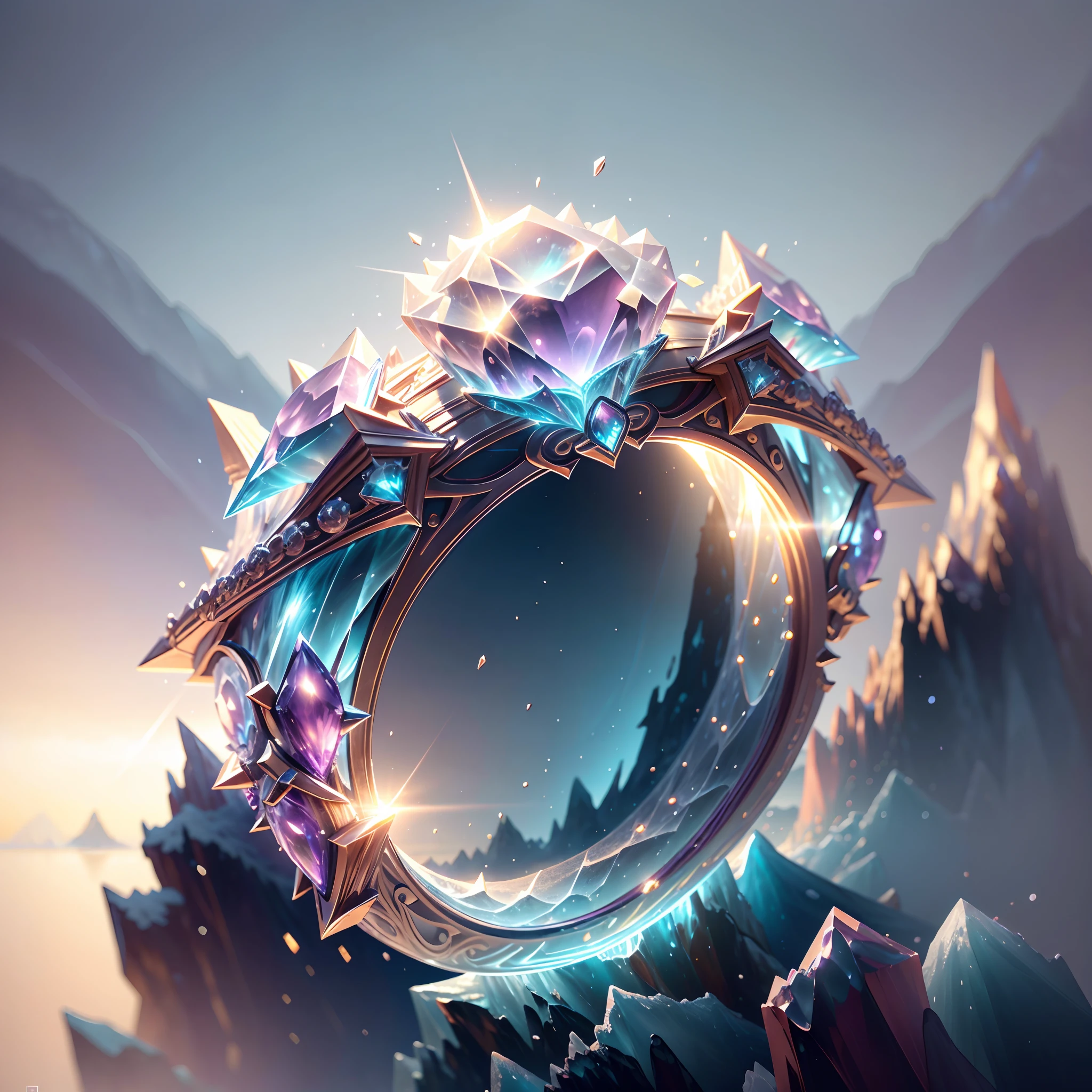 Product image of the ring，Gold ring set with purple gemstones，tmasterpiece，（Very detailed CG unity 8K wallpaper），（best qualtiy），（Most Best Illustration），（Best shadow），The background is a snow-capped Antarctic landscape，Transparent ethereal ice sculpture，（Particle effect），Arte conceitual de inverno, inspired by Andreas Rocha, andreas rocha style, detailed fantasy digital art, 4k highly detailed digital art, Fantasy art Behance, surreal frozen landscape, ❄️ Dream concept art, bussiere rutkowski andreas rocha, highly detailed fantasy art, Detailed digital 2D fantasy art isometric 3D，rendering by octane， Ray traching，ultra-detailliert --v6