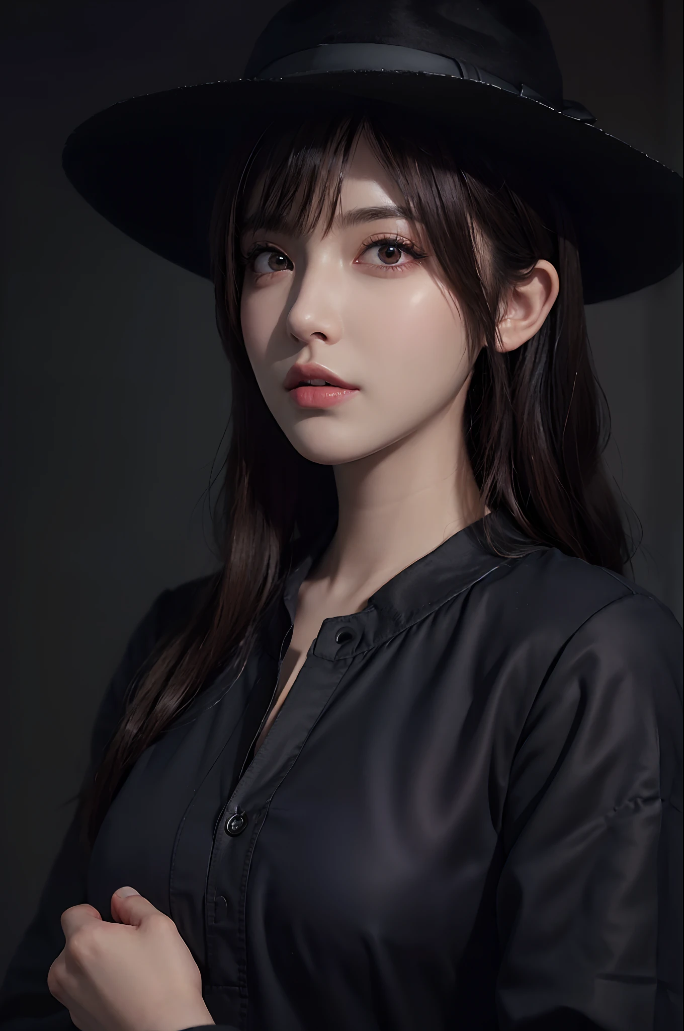 (front focus), (in the dark:1.6), Hyperrealist portrait of female, photo realistic, dynamic lighting, artstation, poster, volumetric lighting, very detailed faces, 4 k, award winning, 1girl, in the dark, deep shadow, low key, cowboy shot, (official clothing:1.4), long hair, white hair