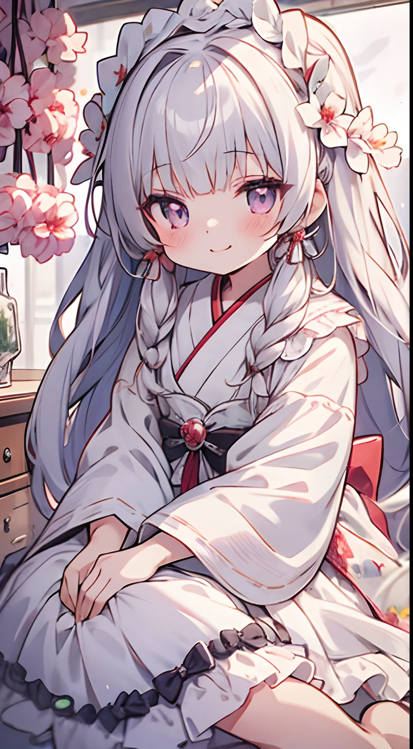 masutepiece, Best Quality, Ultra-detailed, kawaii, Cute, lovely, Extremely detailed, 4K, 8K, Best Quality, Beautiful, Anime style,Full body up, A -yeld gi Lori, Solo, shrine maiden clothe,Lolita,magical little giutiful white hair,Beautiful purple eyes, Beautiful eyes,Yumekawa,White-skinned,hime-cut,Bangs Patsun,length hair,  slim, slender, Smile