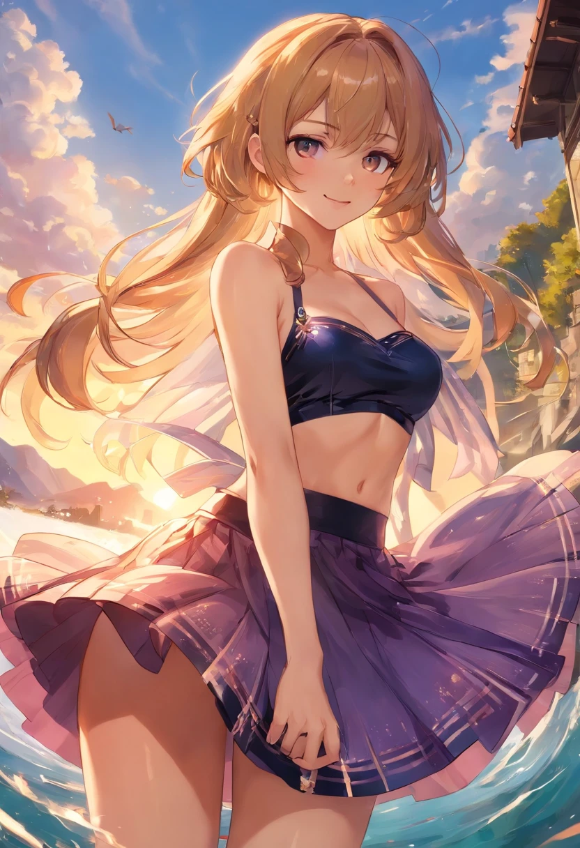 (1个Giant Breast Girl)Calm expression,mesmerizing eyes,(floated hair),(Flowing skirt),A calm posture,Porcelain-like skin,Subtle blush,Sapphire pendant,Break the golden hour,(edge lit):((1.2,a warm color palette,sunflare,soft shade,vivd colour,painterly effect,Fantastic atmosphere BREAK scenic lake,Far Mountain,Calm water surface)),(Reflectors),Sunlit clouds,(Oppressive atmosphere),Idyllic sunsets,(ultra - detailed),offcial art,统一 8k 壁纸,zentangle,Haiqin smoke,(Looming chest groove),Arrogant and grim expression,((Next to his right hand was a black-gold holy sword。)),(The black-gold holy sword was the length of an arm),((Side 45° angle,fully body photo)),《look from down》,(Extremely delicate and harmonious face),(Barefoot),(Skirt knee-length),(Bare back),(cropped shoulders),(Tulle skirt),(Wrap only the chest),(The back was completely exposed and stained with blood),((Absolutely harmonious and harmonious limbs)),((Cover your chest with your left hand)),(Resolute and indifferent demeanor)(Crystal clear),(Exquisite facial features),(Evil smile),(Blood spilled from the corners of his mouth),((Lateral tilt 45° angle)),(closeup view),(perfect body figure),((Perfect facial features)),(painting of a),(White with black skirt),(Wear more makeup),(Wear more makeup),(Small rivers,High hills,setting sun),(Leaning sideways),(hugging his knees),(Dress coolly),(and wear no underwear)(Head forward),(stooping forward),(Enchanted smile),(((look from down))),(The skirt is flowing)(Erotic lingerie),(Tulle skirt)