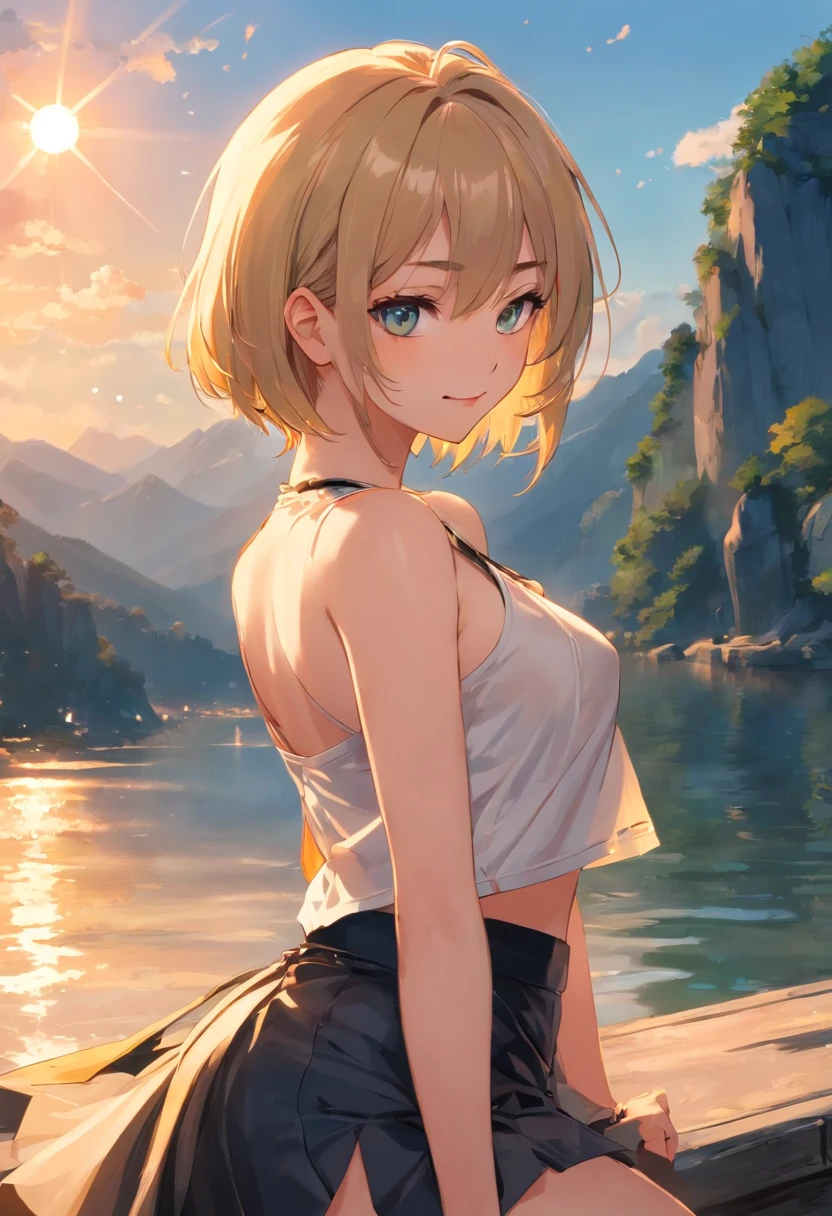 (1个Giant Breast Girl)Calm expression,mesmerizing eyes,(floated hair),(Flowing skirt),A calm posture,Porcelain-like skin,Subtle blush,Sapphire pendant,Break the golden hour,(edge lit):((1.2,a warm color palette,sunflare,soft shade,vivd colour,painterly effect,Fantastic atmosphere BREAK scenic lake,Far Mountain,Calm water surface)),(Reflectors),Sunlit clouds,(Oppressive atmosphere),Idyllic sunsets,(ultra - detailed),offcial art,统一 8k 壁纸,zentangle,Haiqin smoke,(Looming chest groove),Arrogant and grim expression,((Next to his right hand was a black-gold holy sword。)),(The black-gold holy sword was the length of an arm),((Side 45° angle,fully body photo)),《look from down》,(Extremely delicate and harmonious face),(Barefoot),(Skirt knee-length),(Bare back),(cropped shoulders),(Tulle skirt),(Wrap only the chest),(The back was completely exposed and stained with blood),((Absolutely harmonious and harmonious limbs)),((Cover your chest with your left hand)),(Resolute and indifferent demeanor)(Crystal clear),(Exquisite facial features),(Evil smile),(Blood spilled from the corners of his mouth),((Lateral tilt 45° angle)),(closeup view),(perfect body figure),((Perfect facial features)),(painting of a),(White with black skirt),(Wear more makeup),(Wear more makeup),(Small rivers,High hills,setting sun),(Leaning sideways),(hugging his knees),(Dress coolly),(and wear no underwear)(Head forward),(stooping forward),(Enchanted smile),(((look from down))),(The skirt is flowing)(Erotic lingerie),(Tulle skirt)