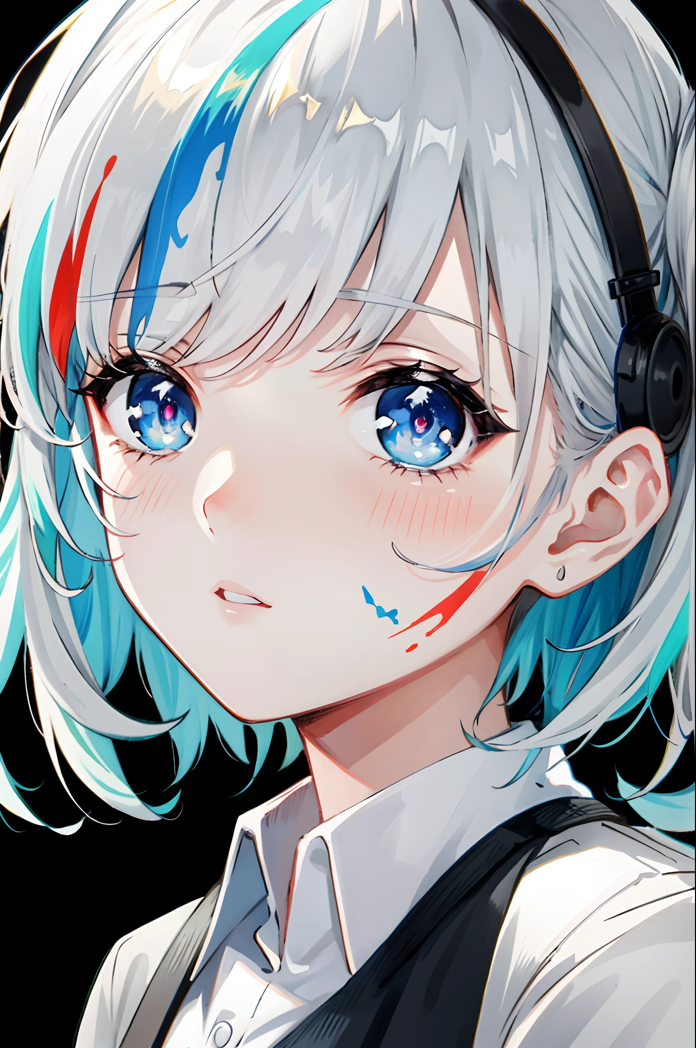 close up shot, eye close up, ((masterpiece)), ((ultra-detailed)), pixiv, best shadows, best lighting, best quality, cinematic shot, 1girl, solo, bangs, black background, paint, portrait, short hair, blunt bangs, parted lips, paint splatter, ((two-tone hair)), looking at viewer, white hair, ((colorful eyes)), paint splatter on face, chromatic aberration, simple background