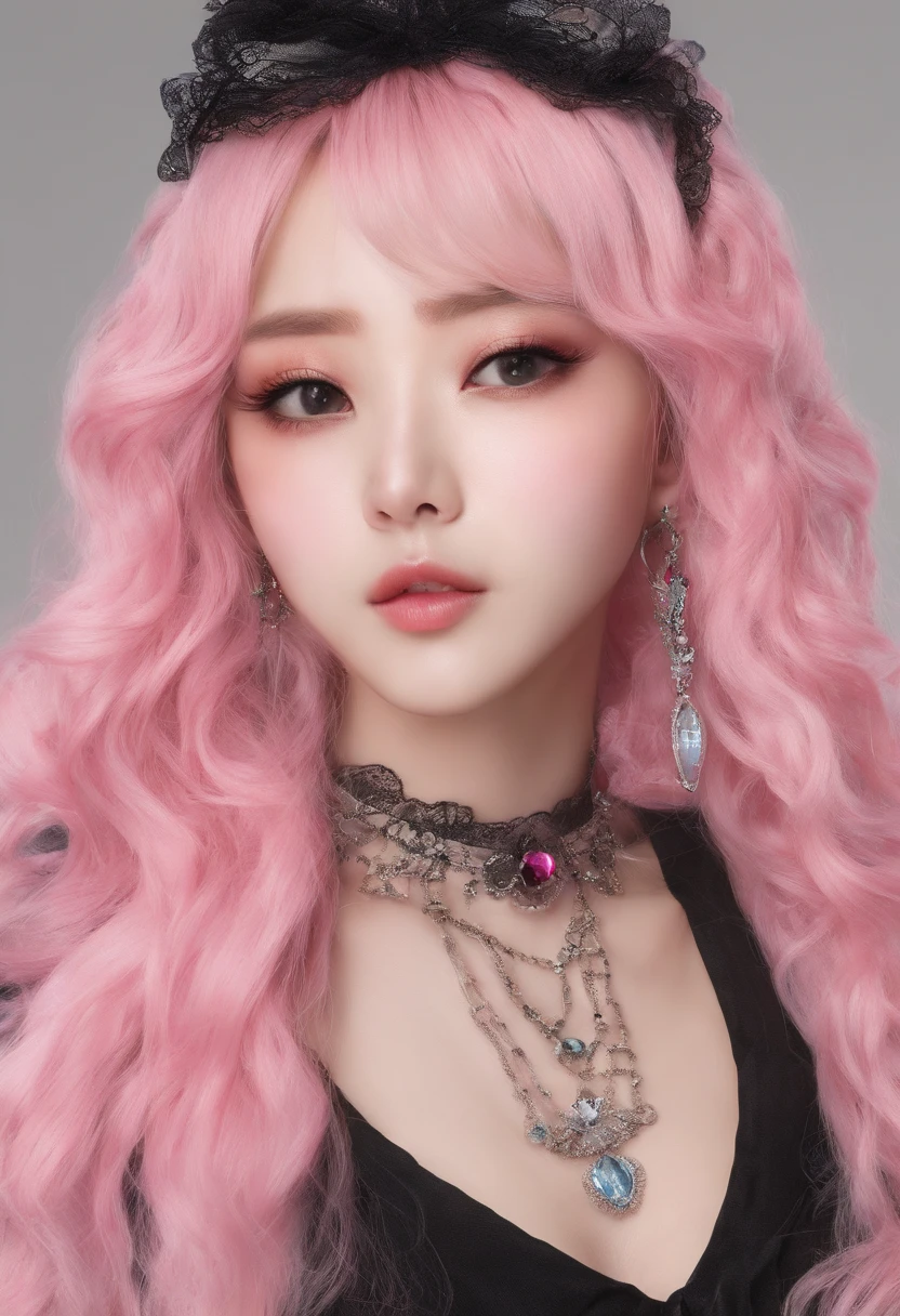 A beautiful Korean girl,Long pink hair,Tattooed with,full bodyesbian,Wearing a collar,Wear a black lace bra,Wear black lace panties,Wear stiletto heels,Wear black pantyhose,Bad girl,s the perfect face,Put on light makeup,Wear a ruby ring,Cool and funky style,On the dance floor,Ultra photo realsisim,8K