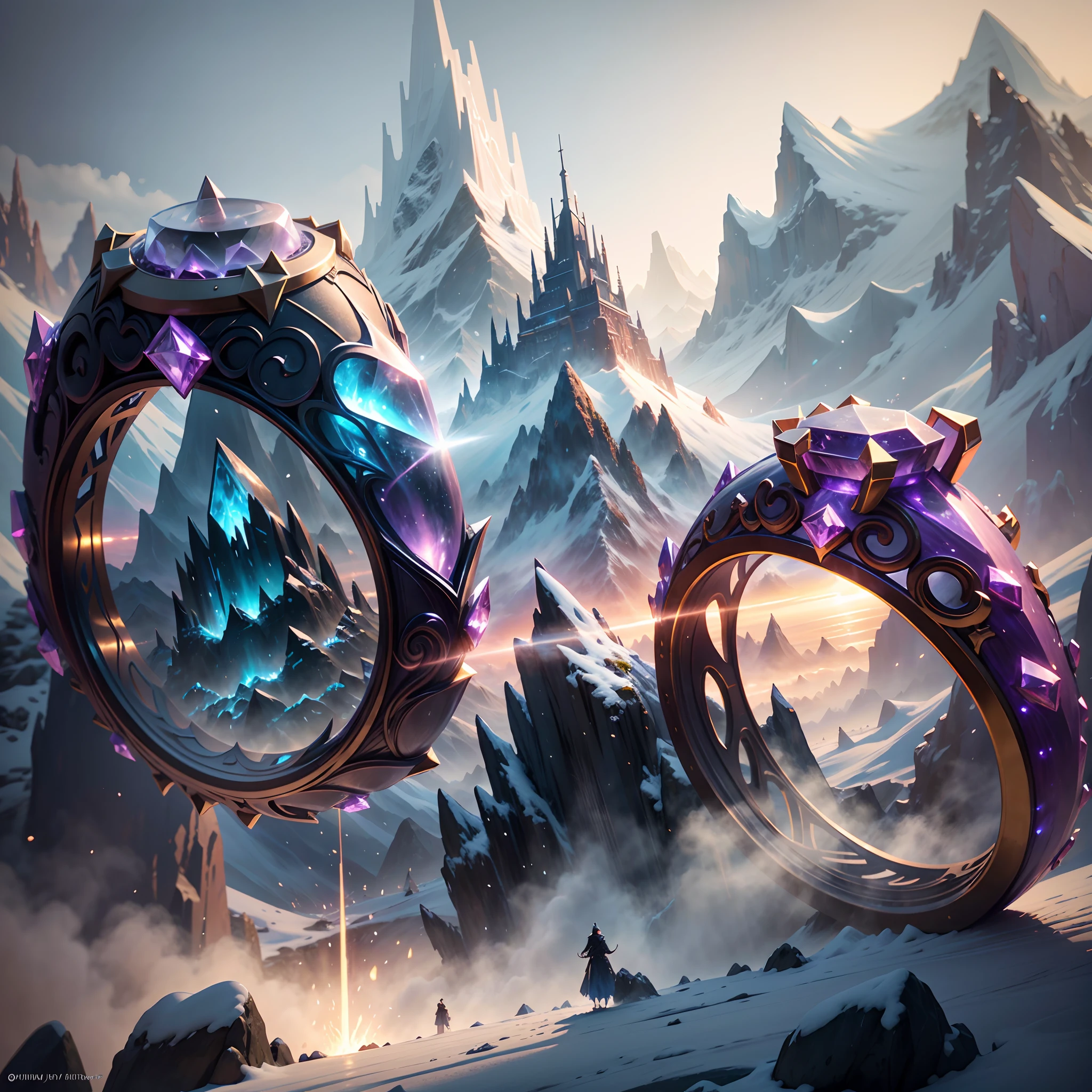 Product image of the ring,Gold ring set with purple gemstones,tmasterpiece,(Very detailed CG unity 8K wallpaper),(best qualtiy),(Most Best Illustration),(Best shadow),The background is a snow-capped Antarctic landscape,Transparent ethereal ice sculpture,(Particle effect),Arte conceitual de inverno, inspired by Andreas Rocha, andreas rocha style, detailed fantasy digital art, 4k highly detailed digital art, Fantasy art Behance, surreal frozen landscape, ❄️ Dream concept art, bussiere rutkowski andreas rocha, highly detailed fantasy art, Detailed digital 2D fantasy art isometric 3D,rendering by octane, Ray traching,ultra-detailliert --v6