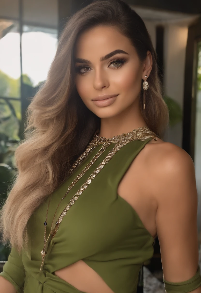 mulher arafed com seios grandes, com olhos verdes, Retrato Sophie Mudd, cabelos castanhos e olhos grandes, selfie de uma jovem mulher, Olhos do quarto, Violeta Myers, sem maquiagem, maquiagem natural, Looking directly at the camera, Rosto com ArtGram, maquiagem sutil, Impressionante tiro de corpo inteiro, olhos verdes penetrantes, beautiful angle, menina boniagem de corpo inteiro, corpo inteiro, Tiro de corpo inteiro, Deusa morena, High detail, pose sexy, boate, partido, fun, sorriso perfeito, varias poses, varios locais