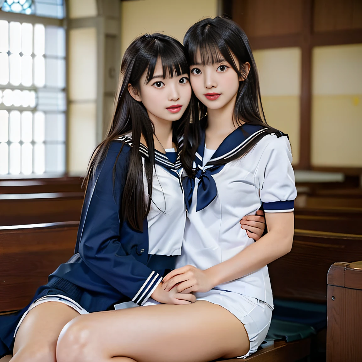((Two schoolgirls:1.5))、Beautiful 18 year old Japan woman, ((Two high school girls in short-sleeved white sailor suits: 1.5)), (Japan strict girls' school sailor uniform:1.5), ( Two schoolgirls sitting in a church pews:1.2), ((Beautiful and elaborate stained glass on the background: 1.5)), ((1screen)), 8K, RAW shot, top quality photo, masterpiece, Amazing realism photos, ((Anatomically correct proportions: 1.5)), ((perfectly proportions)), Cute woman like an idol in Japan, Detailed face, Detailed eyes, Narrow Nose, Detailed hands and fingers , detailed arms, Detailed skin, Detailed legs, short torso, Slender body, (shiny long hair: 1.5), ((Big breasts that seem to break through the uniform: 1.5)), (Body-fitting sailor suit:1.5)、(High school girls staring at each other:1.5)、(Schoolgirl with long and short hair:1.5)、((Hugging and kissing:1.2))