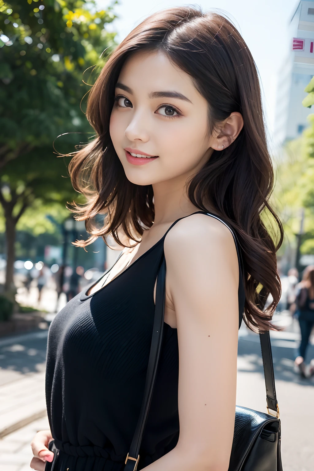 (8K,Raw photo、Raw photo、top-quality、Master masterpiece:1.2)、ultra-detailliert、Super Resolution、(Photorealsitic:1.3)、Angle to shoot from the front、Clearly draw shades of light、high resolution RAW color photos、professional photograpy、Same skin type as humans、Female proofreading of Japan from head to waist、Blur the background、Draws faithfully to anatomy、cafes、Very detailed and beautiful、Ultra-high image quality、long、Hair swaying and sexy、Very detailed beautiful girl、(Pink Eye Shadow)、smil、Plain clothe、From head to foot、Park on a sunny day、Loosely curly hair、high-heels、Shoulder Bag、