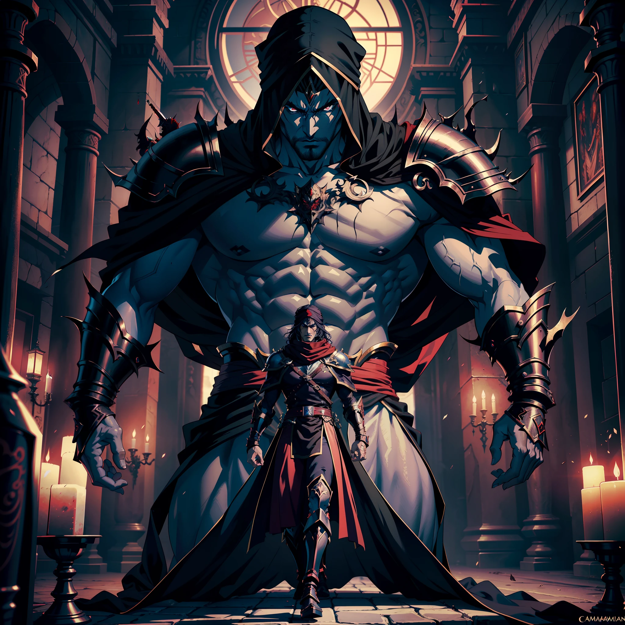 Red body,Blue hood,Slender and huge muscles,armor,Ready your spear,bulging muscles,Evil atmosphere,Huge penisest quality,Meticulously detailed,masterpiece,Award-winning works,Devil's Wings