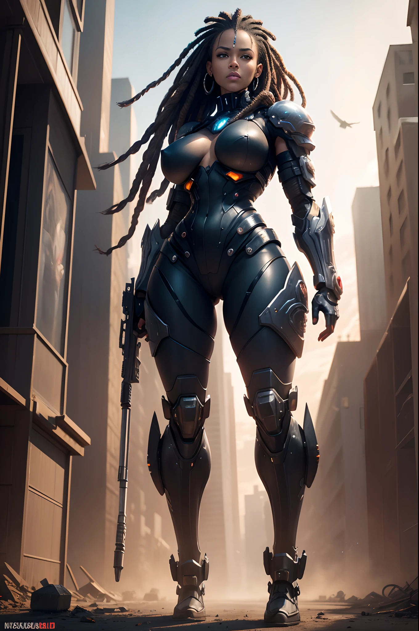 1 mature black woman, Body, Cyberpunk, mecha-armored, Mechanical, (masutepiece: 1.4), (8K, Realistic, Raw photo, Best Quality: 1.4), nipple areola shape clear, Black mature woman, large full breasts, Beautiful beautiful face, (Real Face: 1.4), Perfect , Beautiful dreadlocks, realistic black eyes, Beautiful detail eyes, (Real Skin: 1.3), Beautiful skin, Attractive, Ultra High Resolution, A hyper-realistic, city ruins, Post-apocalyptic world, Cinematic lighting,  Angry face, weapon in hand, futuristic fantasy, Legs open, Bottom_View, Battle Pose