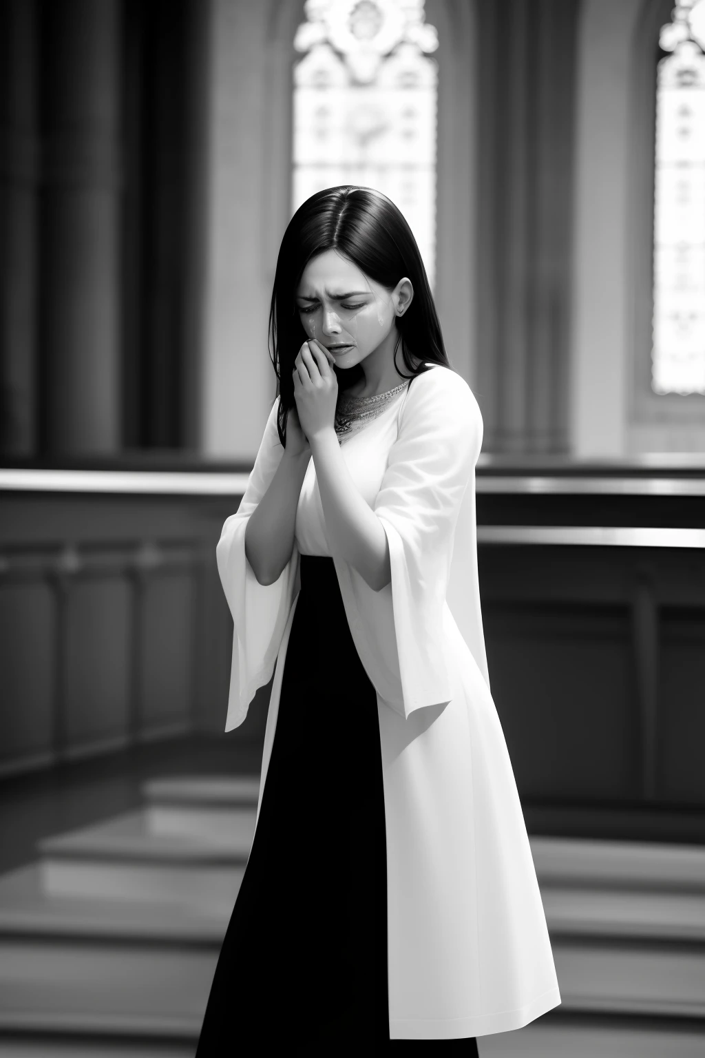 woman in church crying greyscale