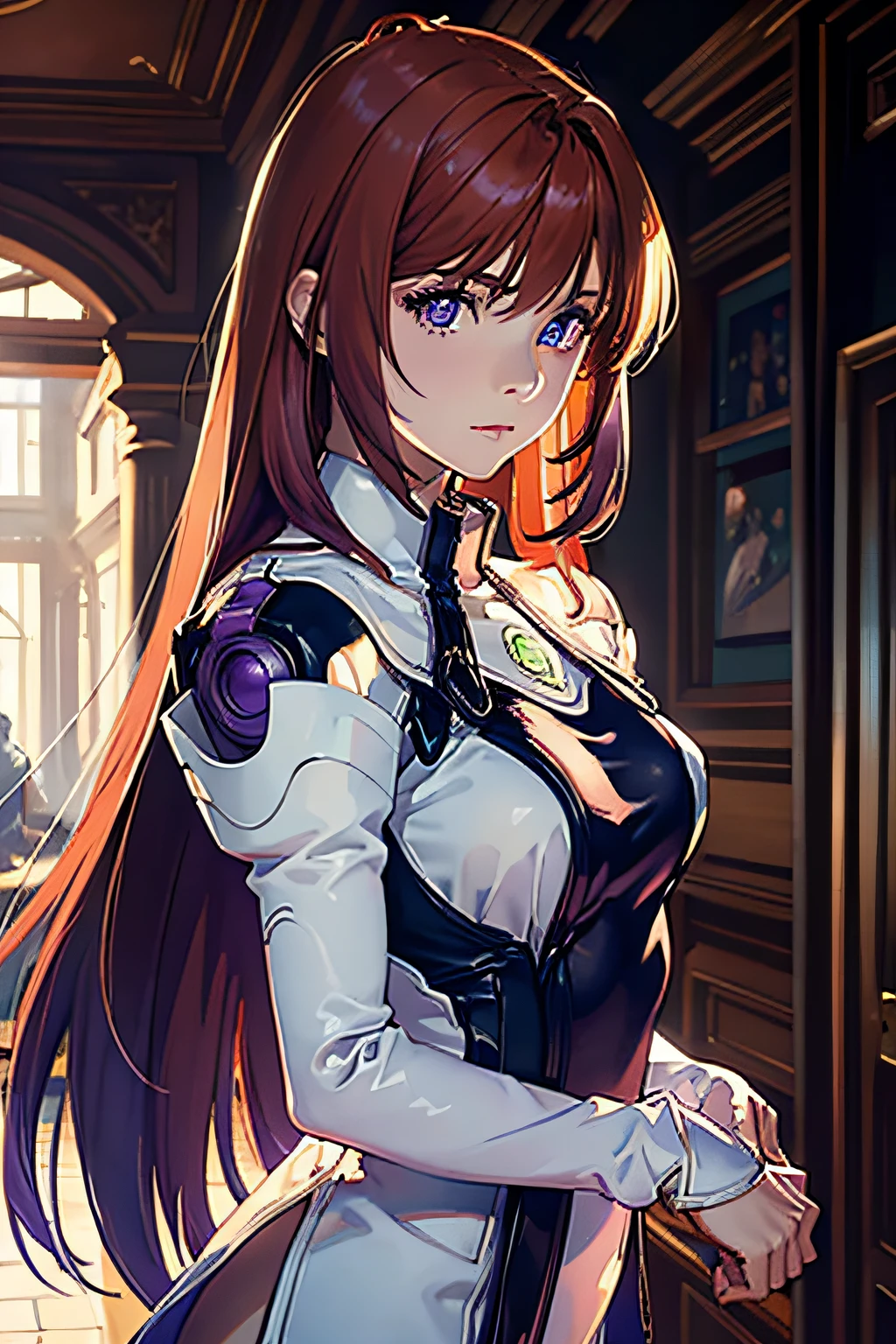 (masterpiece:1.2, best quality), (finely detailed beautiful eyes: 1.2), ((1girl)), (purple eyes:1.4), (finely detailed eyes and detailed face:1.3), ((girl with long red hair)), (beautiful and clear background:1.2), (extremely detailed CG, ultra-detailed, best shadow:1.1), ((depth of field)), ((watercolor)), beautiful concept illustration, (orange background:0.5), (illustration:1.1), (extremely fine and beautiful:1.1), (perfect details:1.1), from front, cowboy shot, scenery (perfect body)