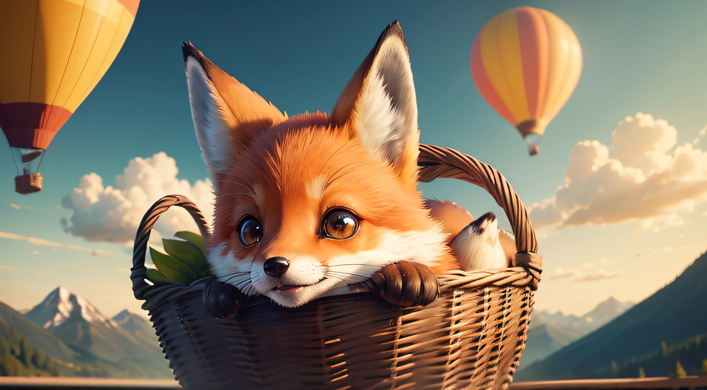 close view of a cute fox inside a basket, tied air yellow balloon, flying over forest, close-up, Pixar movie style, big eyes, bright eyes, pretty eyes, smiling, amazing sky, Day Light, high quality, mountains on the horizon