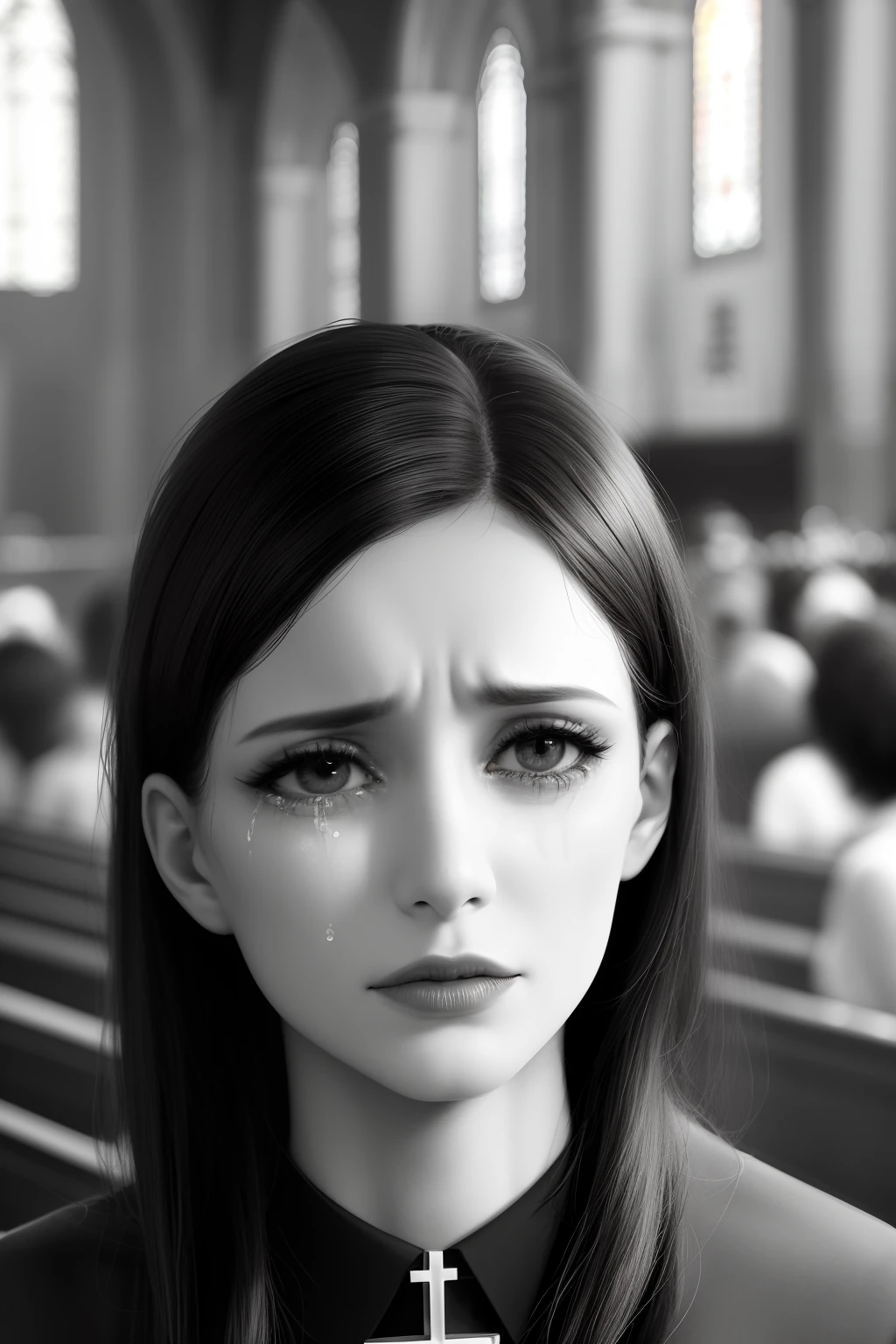 woman in church crying greyscale