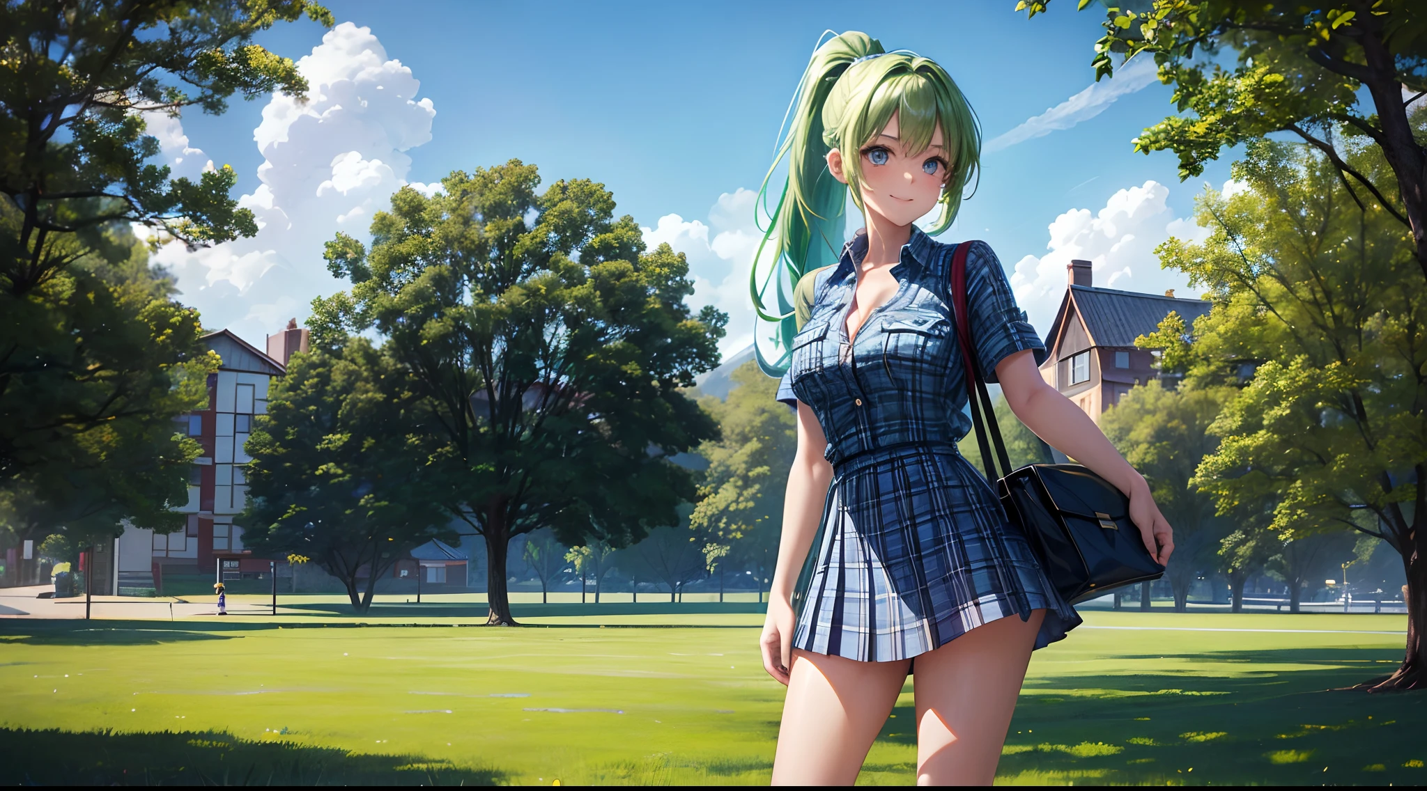 1girl, solo, full body, landscape, village, long hair, green hair, ponytail, large breasts, button down, cleavage, dark blue eyes, ((sky blue shirt)), ((checked shirt)), ((short sleeved shirt)), sport shoes, red checked mini skirt, smile, looking at the viewer, yellow hairclip, blinding bangs, standing