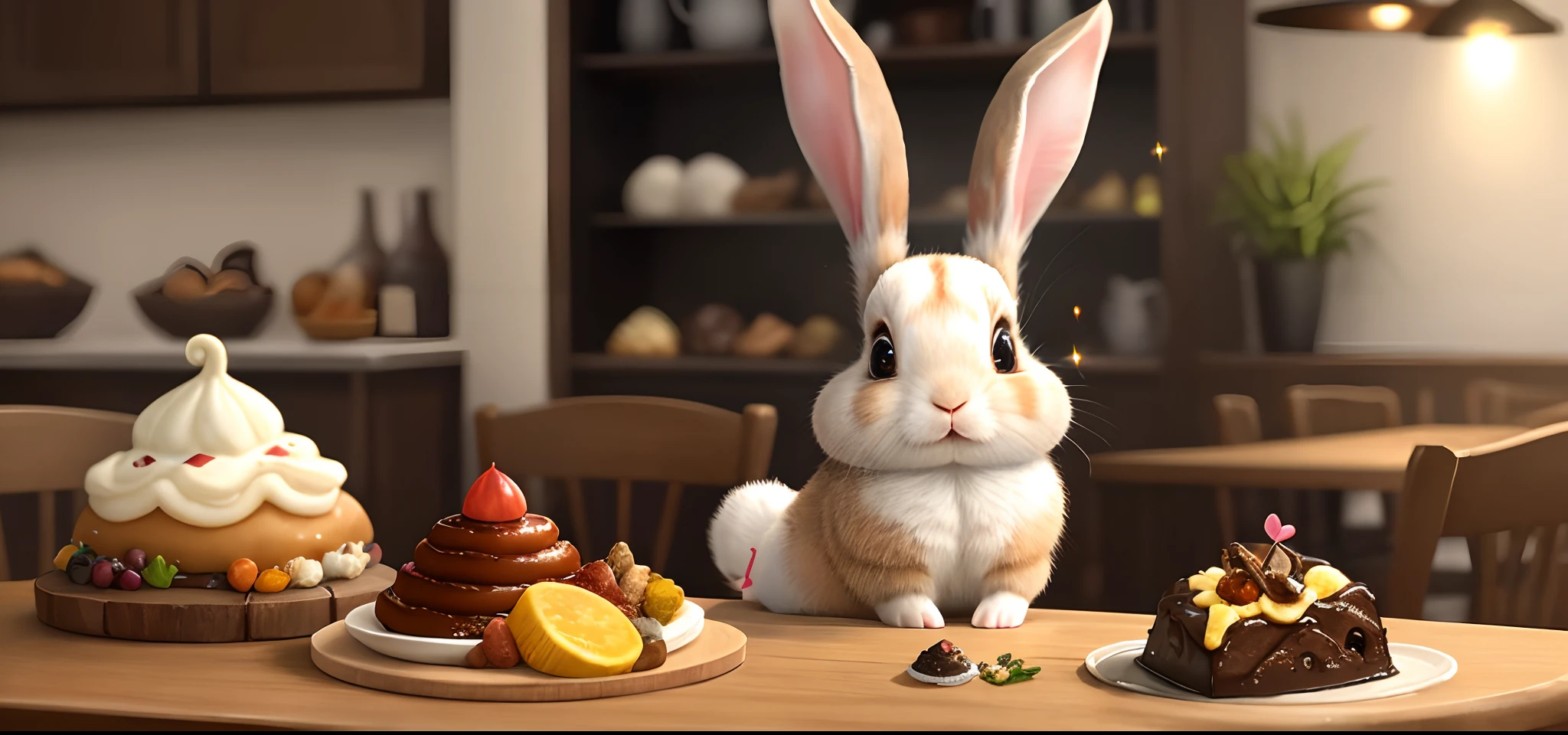 In the center of the picture is a cute little rabbit,Its eyes sparkle,Stand excitedly in front of a table filled with a variety of delicacies。