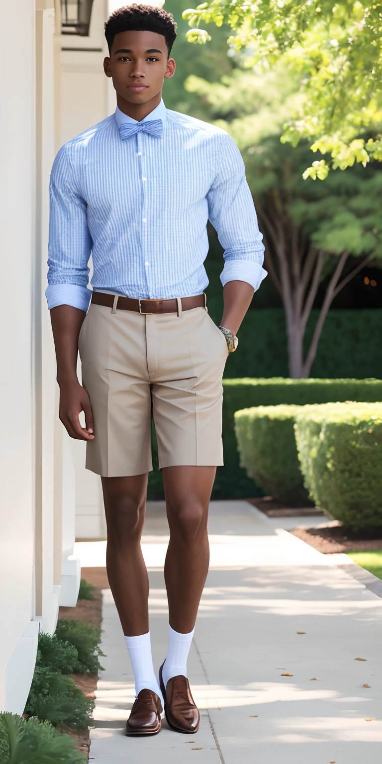 Best quality. 4k. Hyper realistic. Black Male. High school. American rich boy. Skinny. Preppy. Country club. White button down. Buttoned up. Bow tie. Khaki Short shorts. Shirt tucked in. Brown loafers. No socks. Flattop. Clean cut. Preppy. Standing. Full body. No socks. Brown loafer dress shoes with no socks.