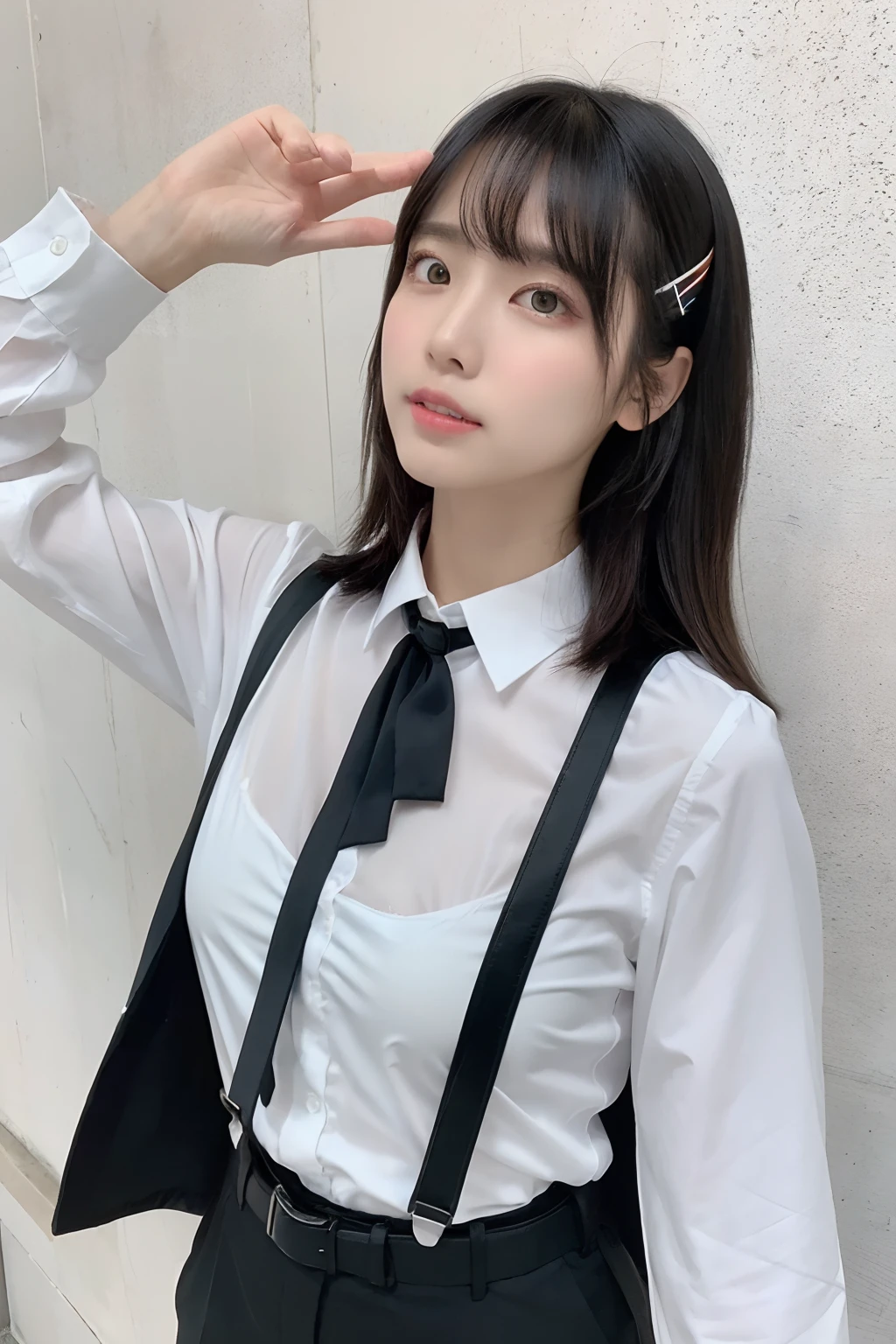 (masutepiece:1.2),High quality,vivd colour,flat-colors,Deep Depth Of Field,Lens Flare,,Black hair,eyecontact,Suit,Collared shirt,Belt bag,suspenders,Professional,OL ,Black Suit,Black jacket,Gaze,ample bosom,Armpit sweat,Exposing the armpits"Pichi Pichi clothes Cutter shirt bulging chest ceiling Along the wall Black jacket