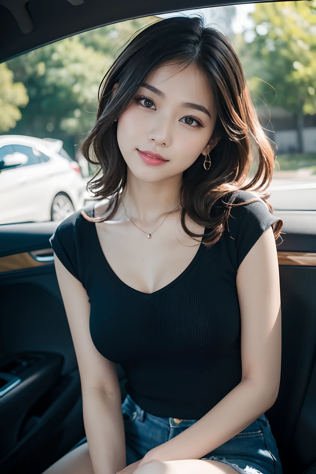 (8K,Raw photo、Raw photo、top-quality、Master masterpiece:1.2)、ultra-detailliert、Super Resolution、(Photorealsitic:1.3)、Angle to shoot from the front、Clearly draw shades of light、high resolution RAW color photos、professional photograpy、Same skin type as humans、Female proofreading of Japan from head to waist、Blur the background、Draws faithfully to anatomy、Very detailed and beautiful、Ultra-high image quality、long、Hair swaying and sexy、Very detailed beautiful girl、(Pink Eye Shadow)、smil、Plain clothe、From the knee up、In front of the car、Loosely curly hair、bangss、skin-tight