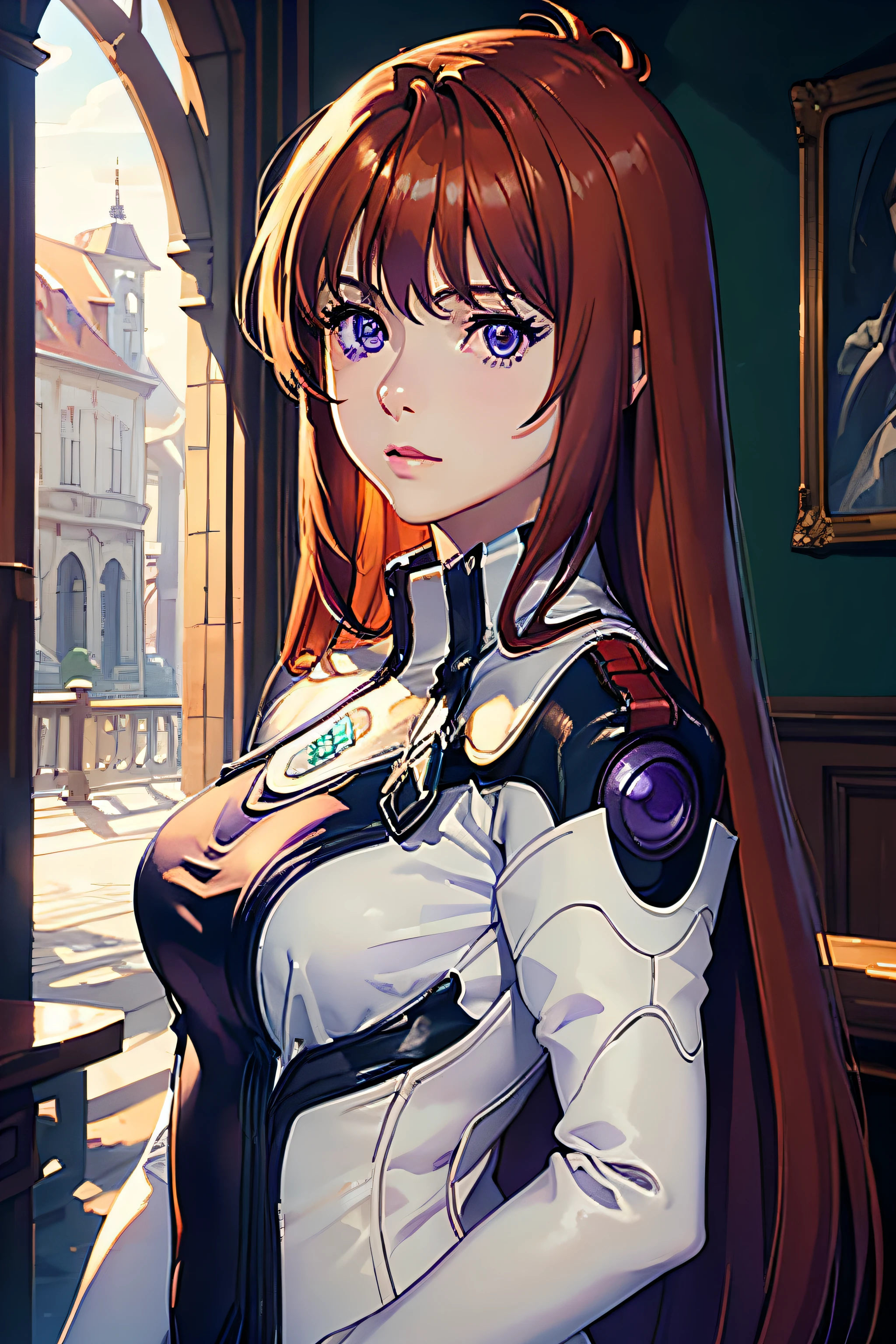 (masterpiece:1.2, best quality), (finely detailed beautiful eyes: 1.2), ((1girl)), (purple eyes:1.4), (finely detailed eyes and detailed face:1.3), ((girl with long red hair)), (beautiful and clear background:1.2), (extremely detailed CG, ultra-detailed, best shadow:1.1), ((depth of field)), ((watercolor)), beautiful concept illustration, (orange background:0.5), (illustration:1.1), (extremely fine and beautiful:1.1), (perfect details:1.1), from front, cowboy shot, scenery (perfect body)