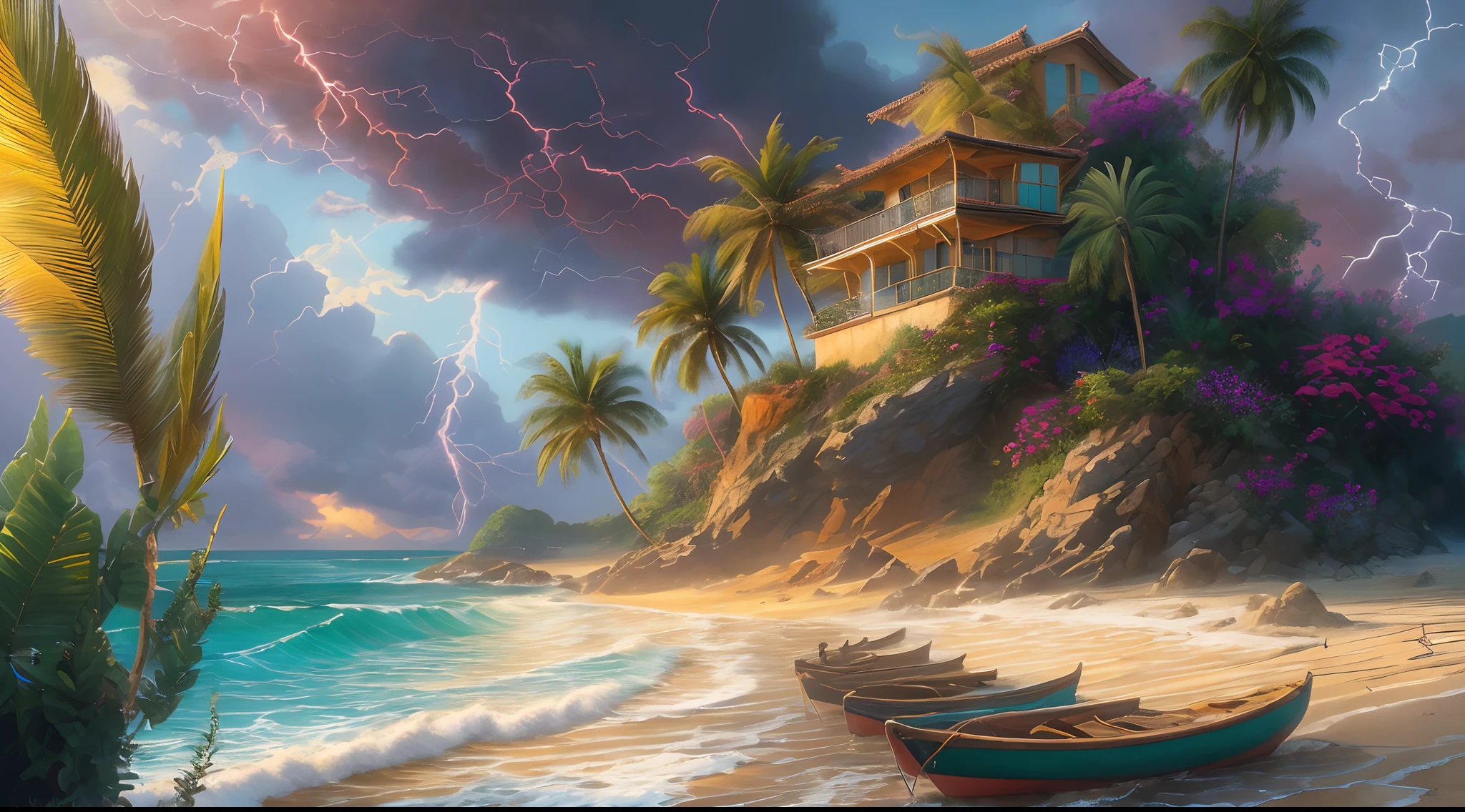 a tropical island at sunset, architecturally beautiful modern villas perched on the steep cliff face, tall palm trees line the coast along the golden sandy beach, huge tsunami barrel wave rolls into the cove, colourful flowers line the clifftops, (dramatic colourful sky), purple_yellow_ storm_clouds, lightning, digital painting, gorgeous digital painting, beautiful art uhd 4 k, stunning digital painting, tropical atmosphere, 4k highly detailed digital art, dreamlike digital painting, beautiful oil matte painting, rhads and thomas kinkade, dream scenery art, highly detailed digital painting, fantasy sea landscape, very beautiful digital art, (8k, RAW photo, best quality, masterpiece:1.2, masterpiec8K.HDR. highresabsurdres:1.2, film grain, blurrybokeh:1.2, lens flare, (vibrant color:1.2), (delicate))